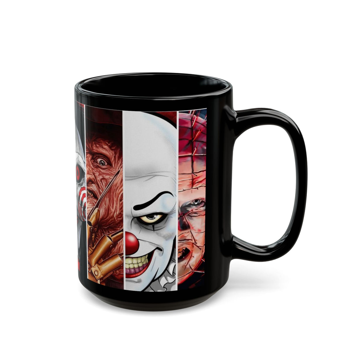 Horror Icons Collage Mug — Leatherface, Ghostface, Jigsaw & Pennywise Black Coffee Cup
