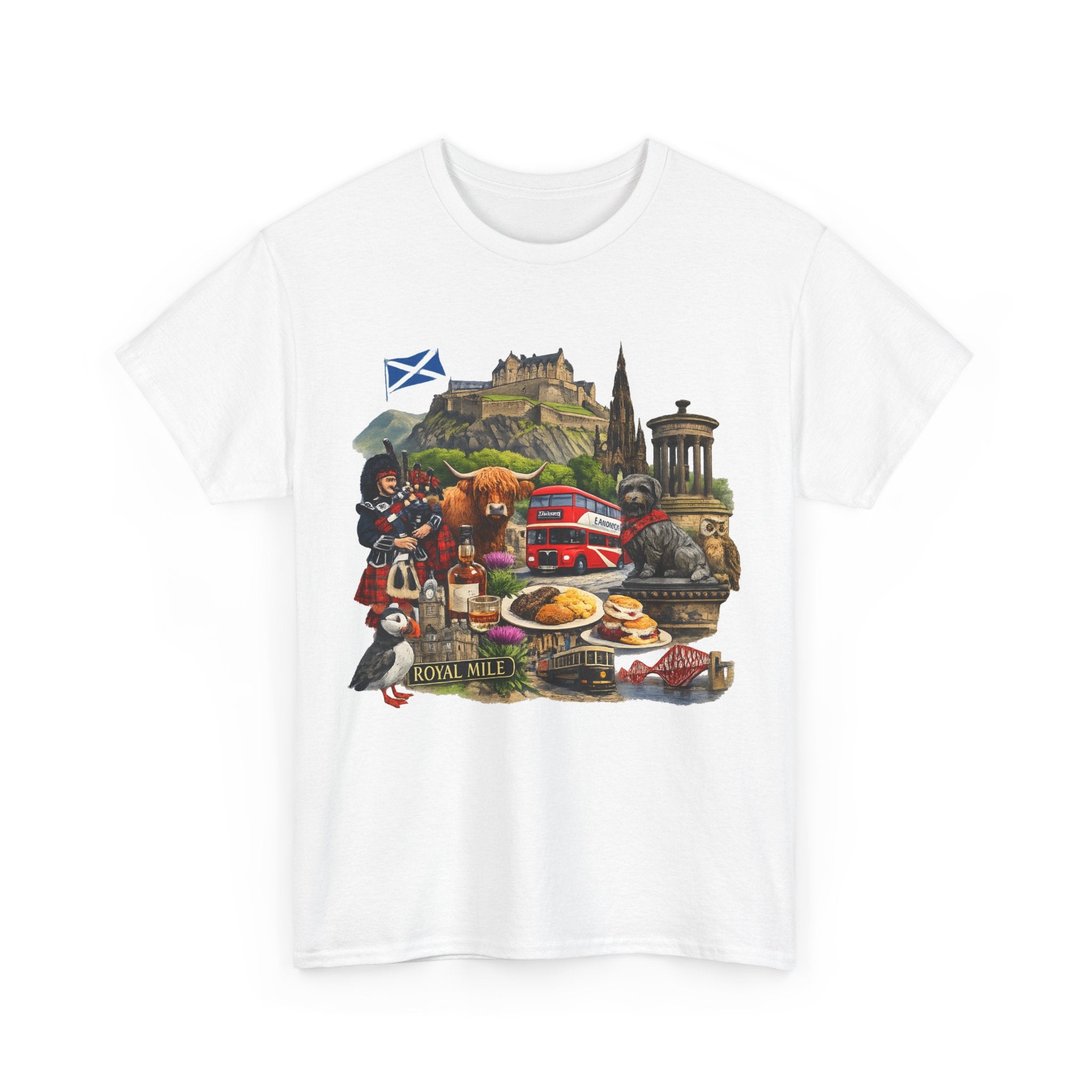 Scotland / Edinburgh Travel Collage T-Shirt — Edinburgh Castle, Bagpipes & Local Icons