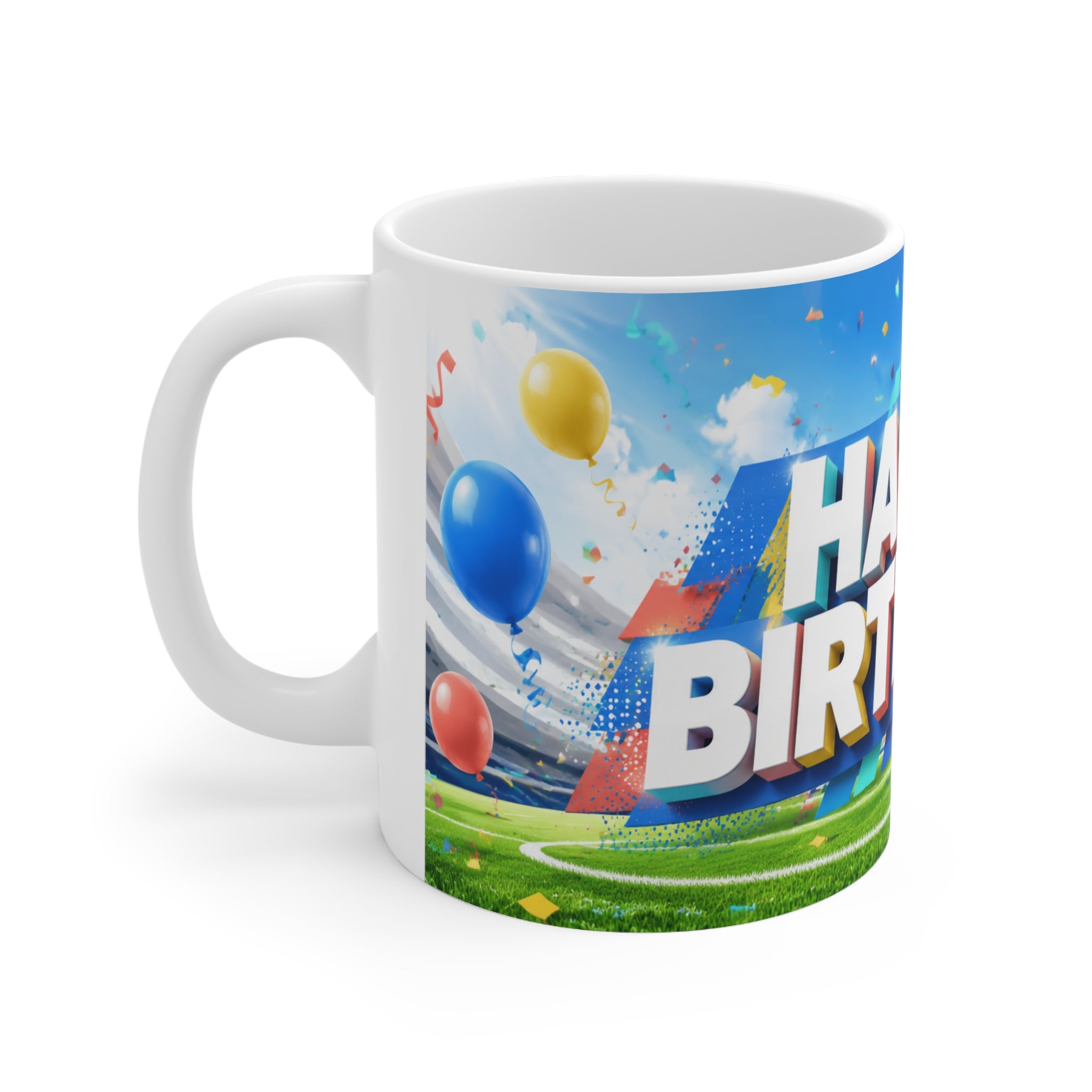 Happy Birthday Football Fan Ceramic Coffee Mug — Festive Balloons & Confetti Design (11oz, 15oz)