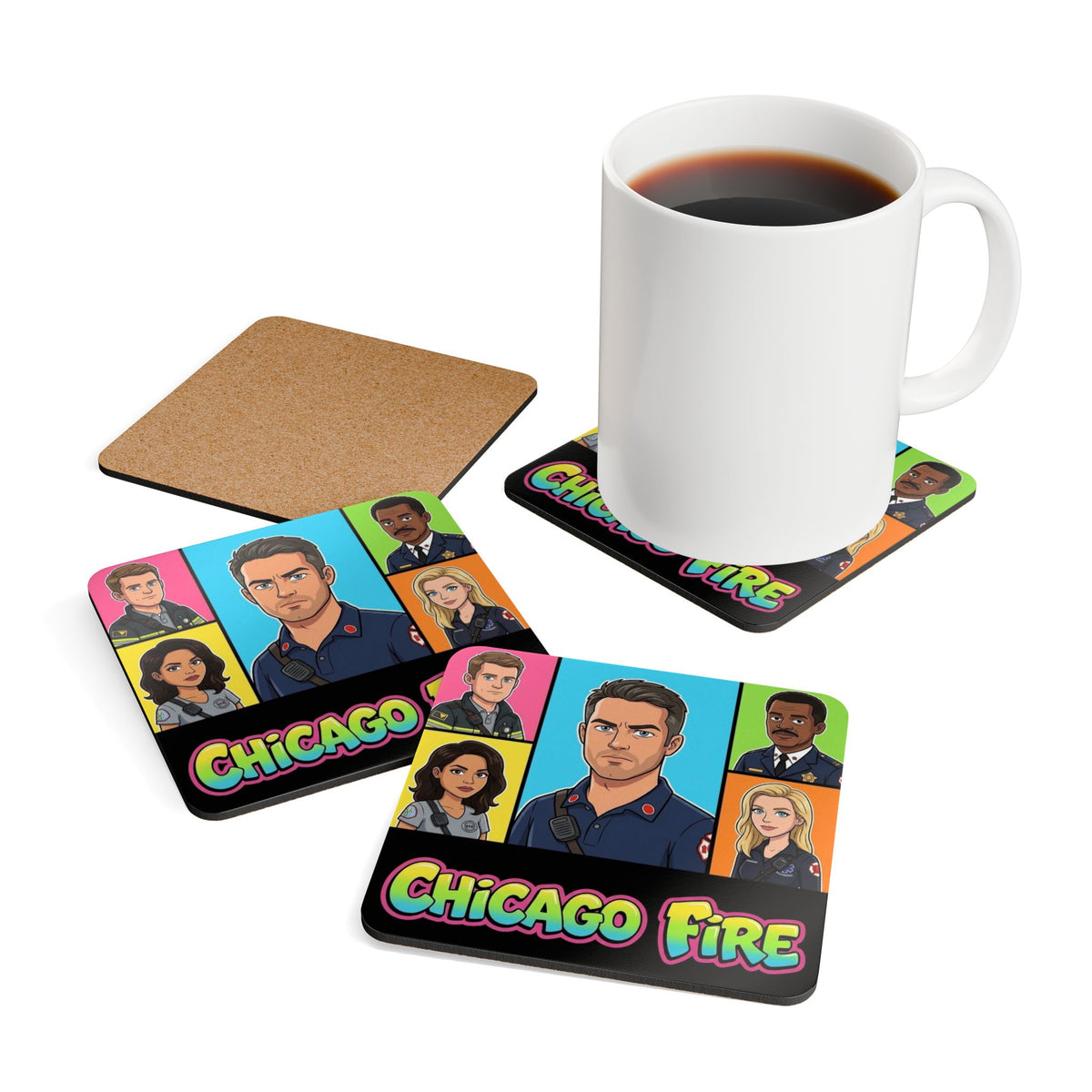 Chicago Fire Cartoon Cork Coaster Set — TV Show Character Drink Coasters