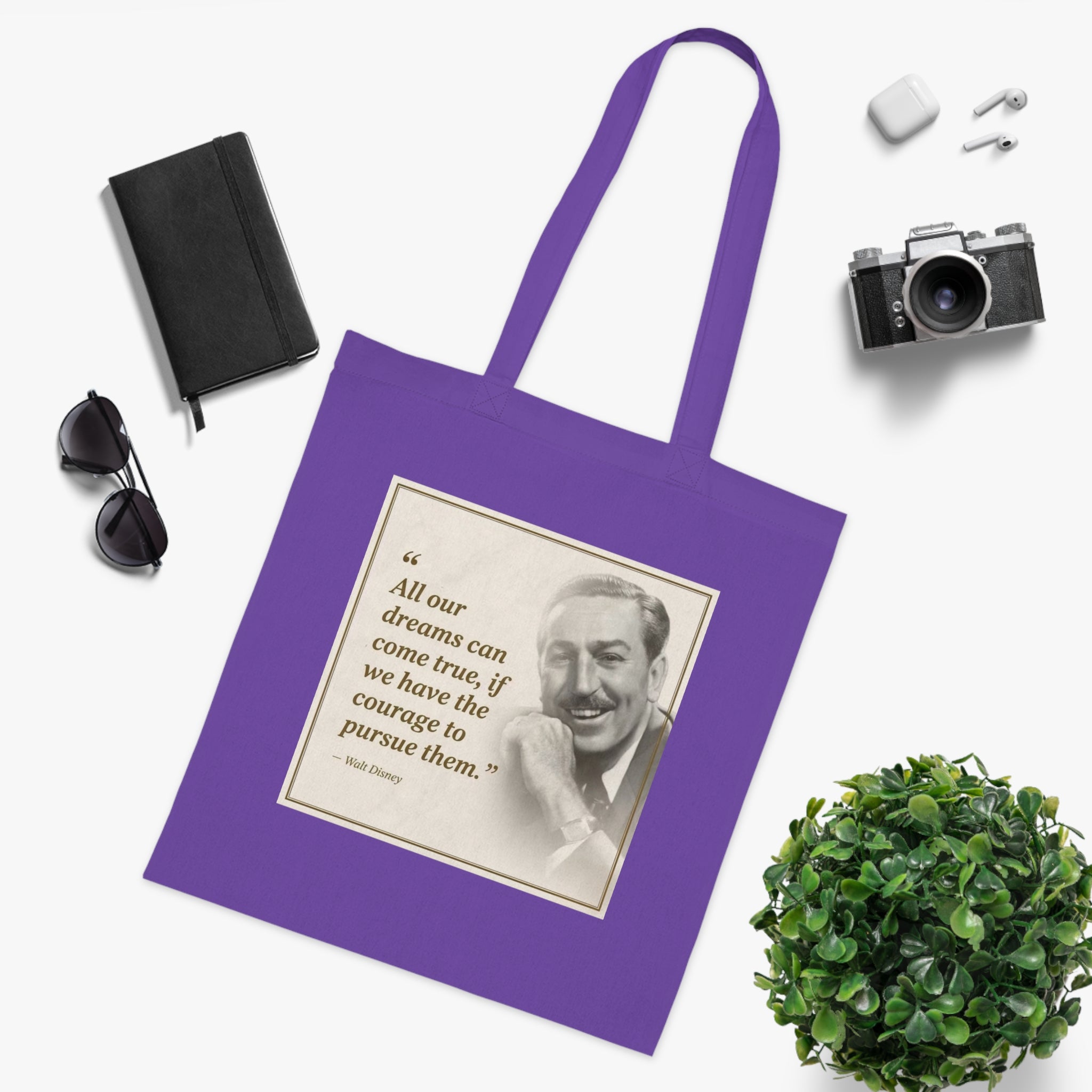 Walt Disney Quote Cotton Tote — "All our dreams can come true" Inspirational Canvas Bag