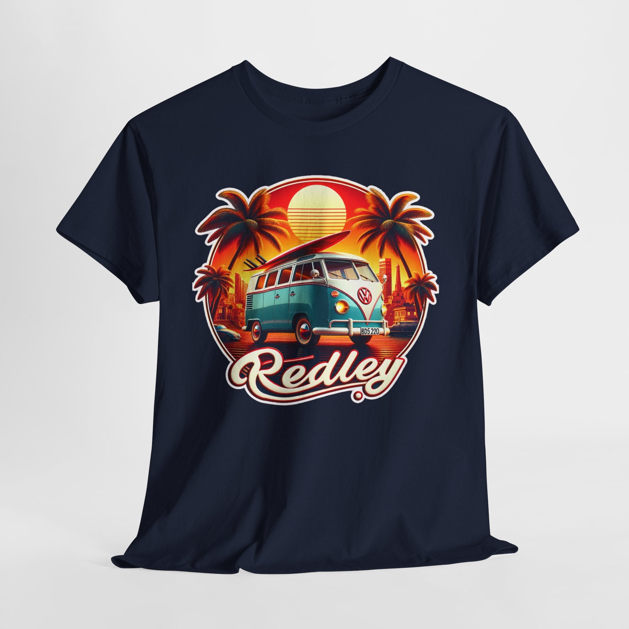 Vintage Surf Van T-Shirt – Retro Beach Sunset Tee with 'Redley' Script