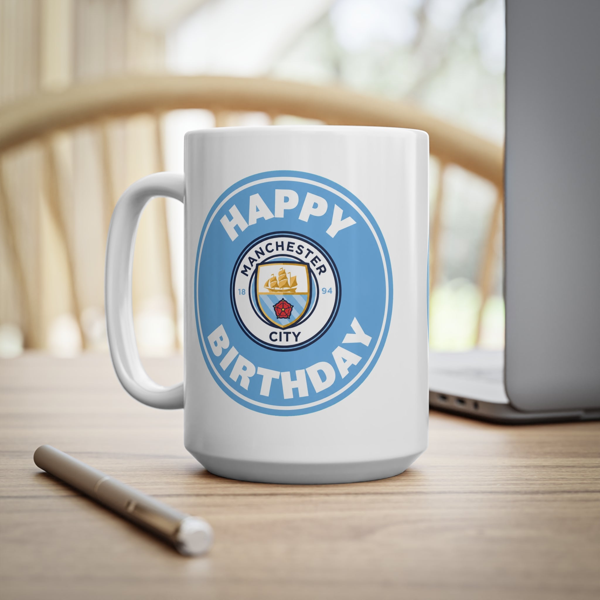 Manchester City Inspired Happy Birthday Football Mug — Manchester City Crest Ceramic Coffee Cup (11oz & 15oz)