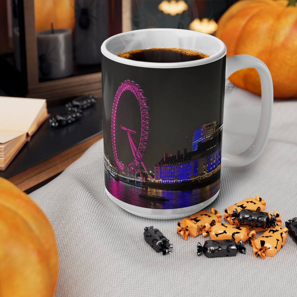 London Eye Nightscape Ceramic Mug — Pink London Eye & River Thames Coffee Cup (11oz & 15oz)