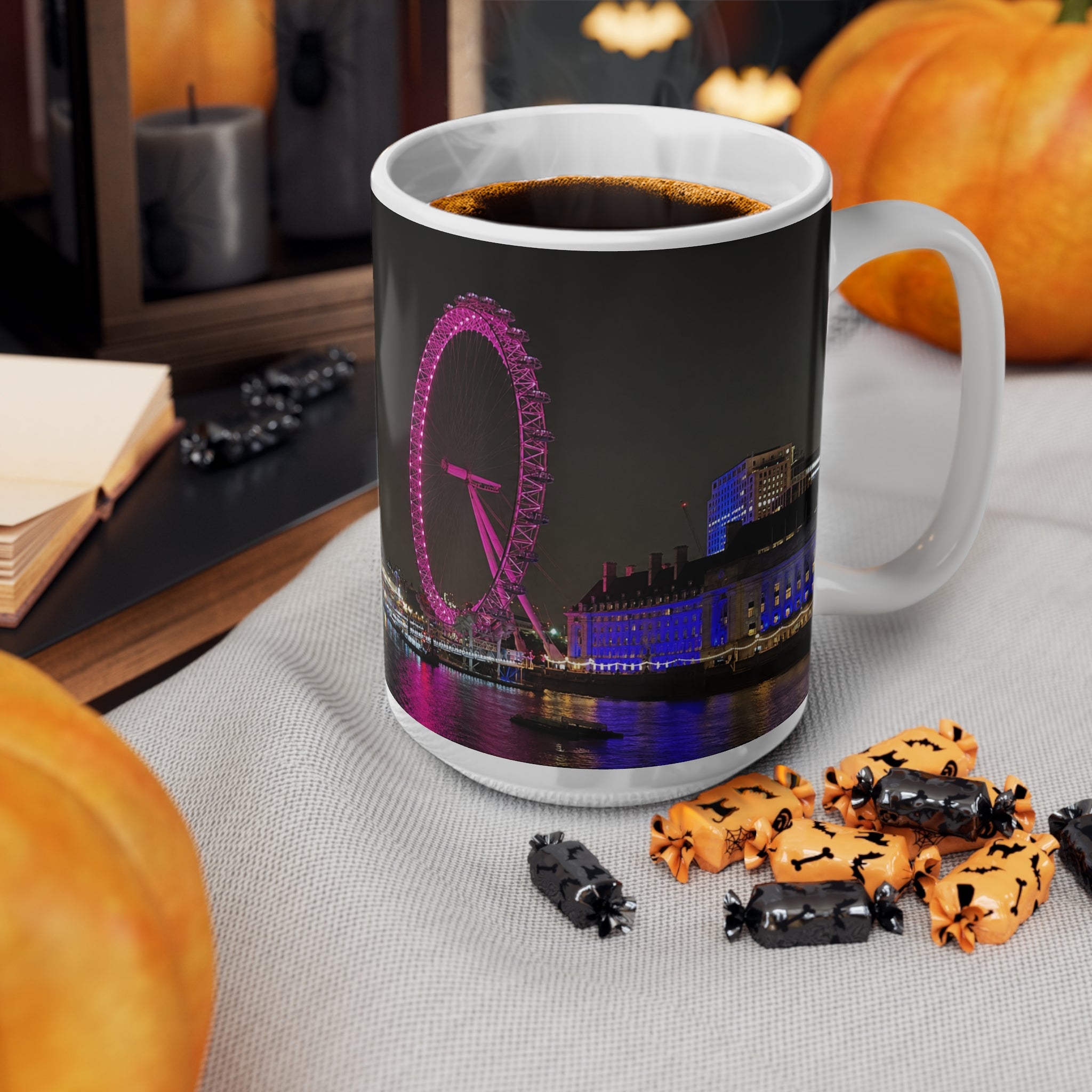 London Eye Nightscape Ceramic Mug — Pink London Eye & River Thames Coffee Cup (11oz & 15oz)