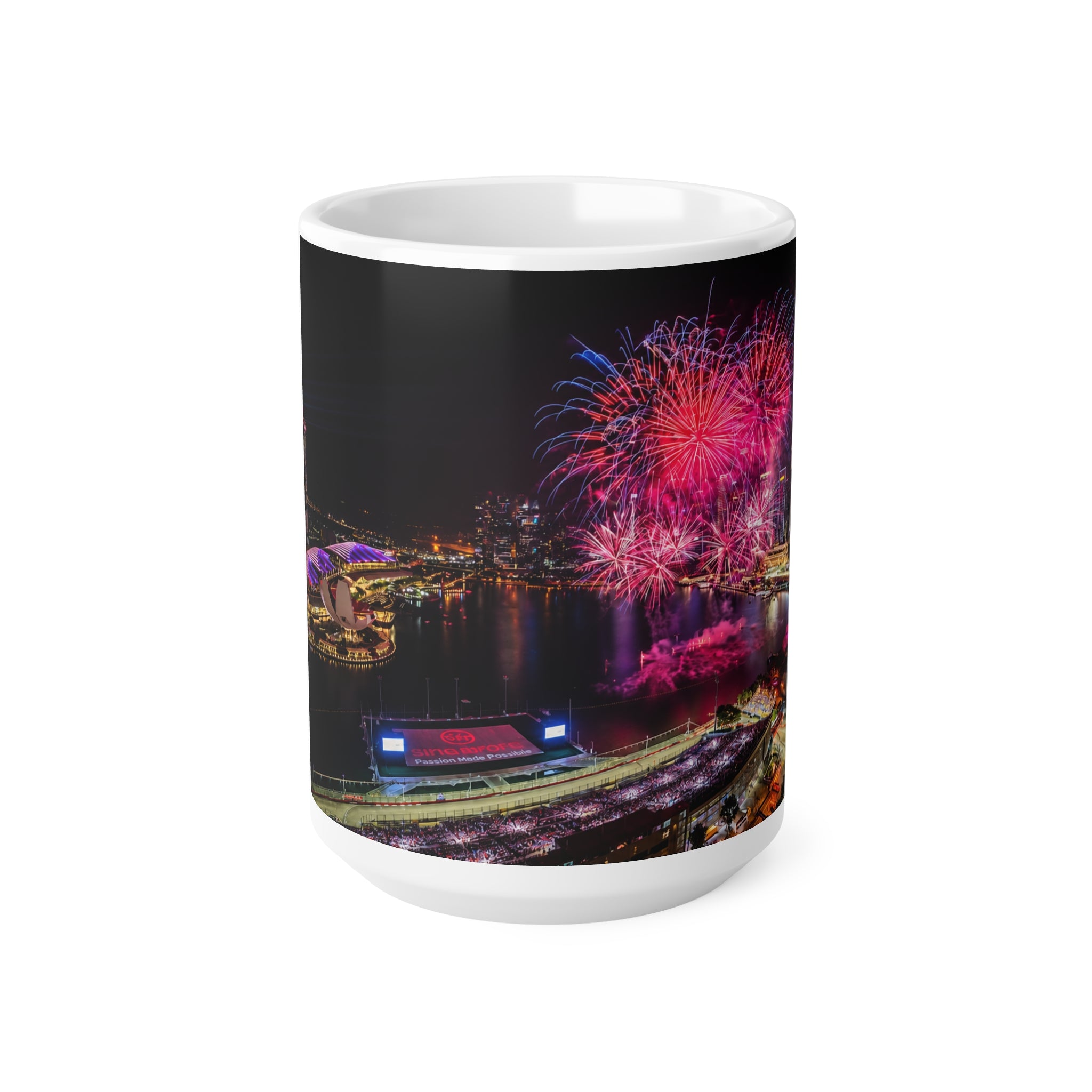 Singapore Night Skyline Coffee Mug — Marina Bay Fireworks 11oz/15oz