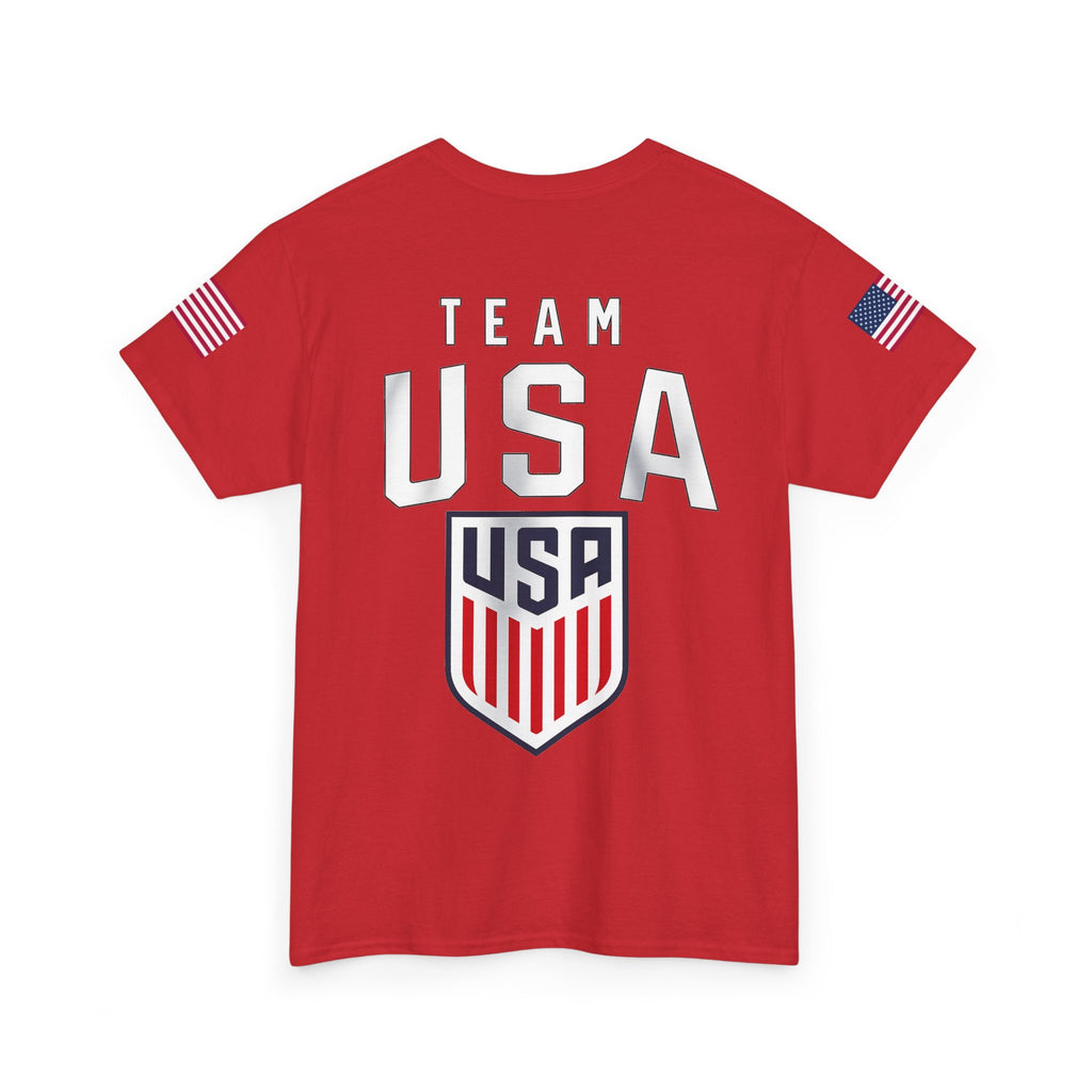 Team USA Flag T‑Shirt — Patriotic Navy Tee with Back Shield Logo