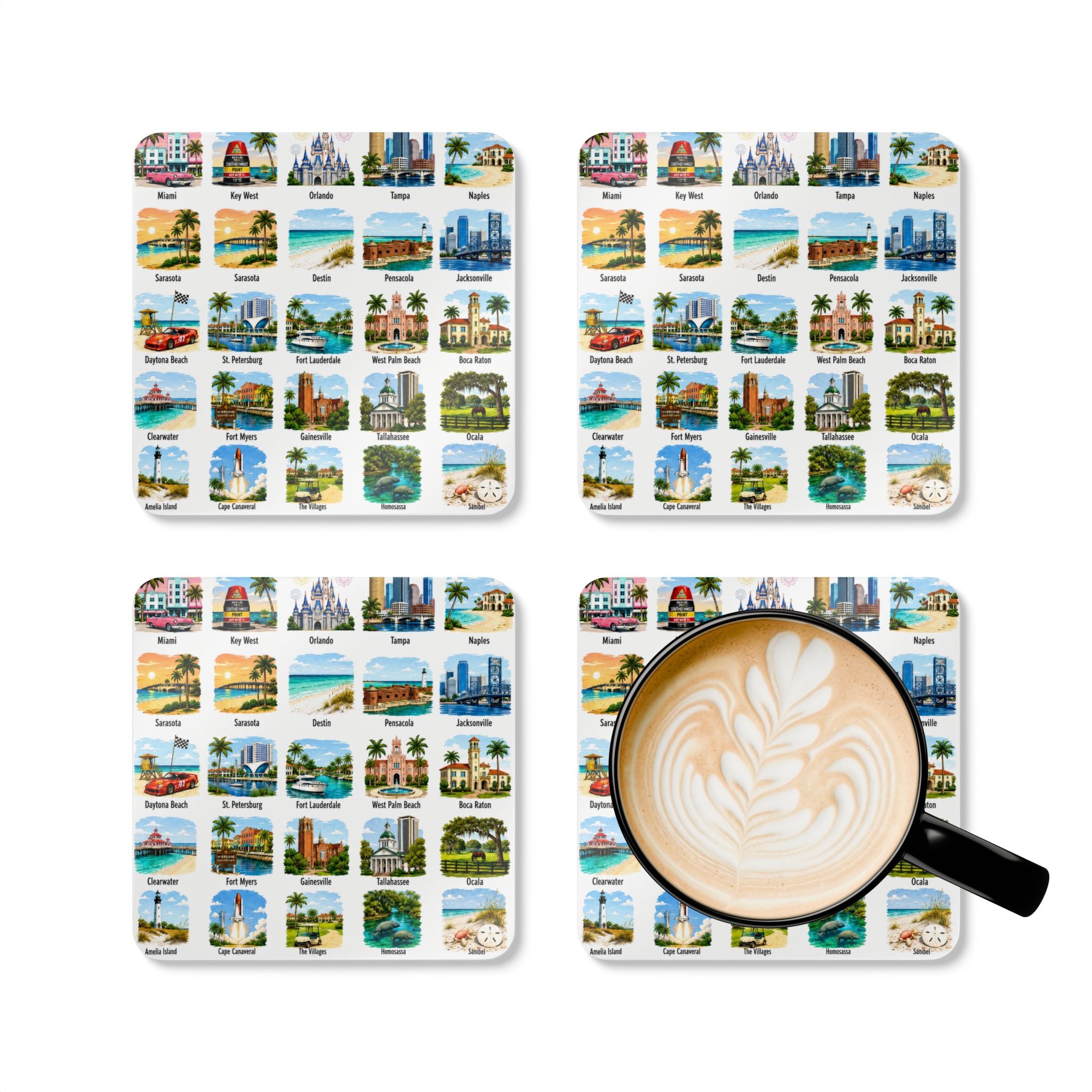 Florida Cities Corkwood Coaster Set — Vintage Travel Map Style Coasters