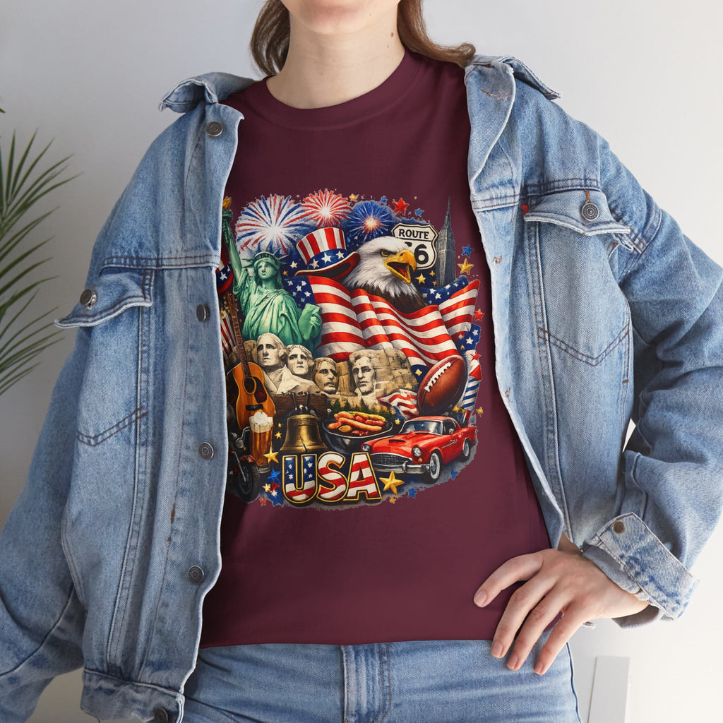 Patriotic USA Graphic Tee – American Flag, Statue of Liberty & Fireworks T-Shirt