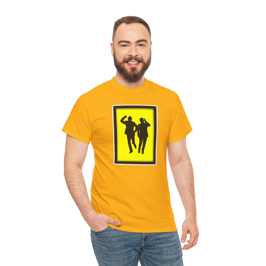 Morecambe and Wise Dancing Silhouette Tee – Retro Yellow Frame Graphic T-Shirt