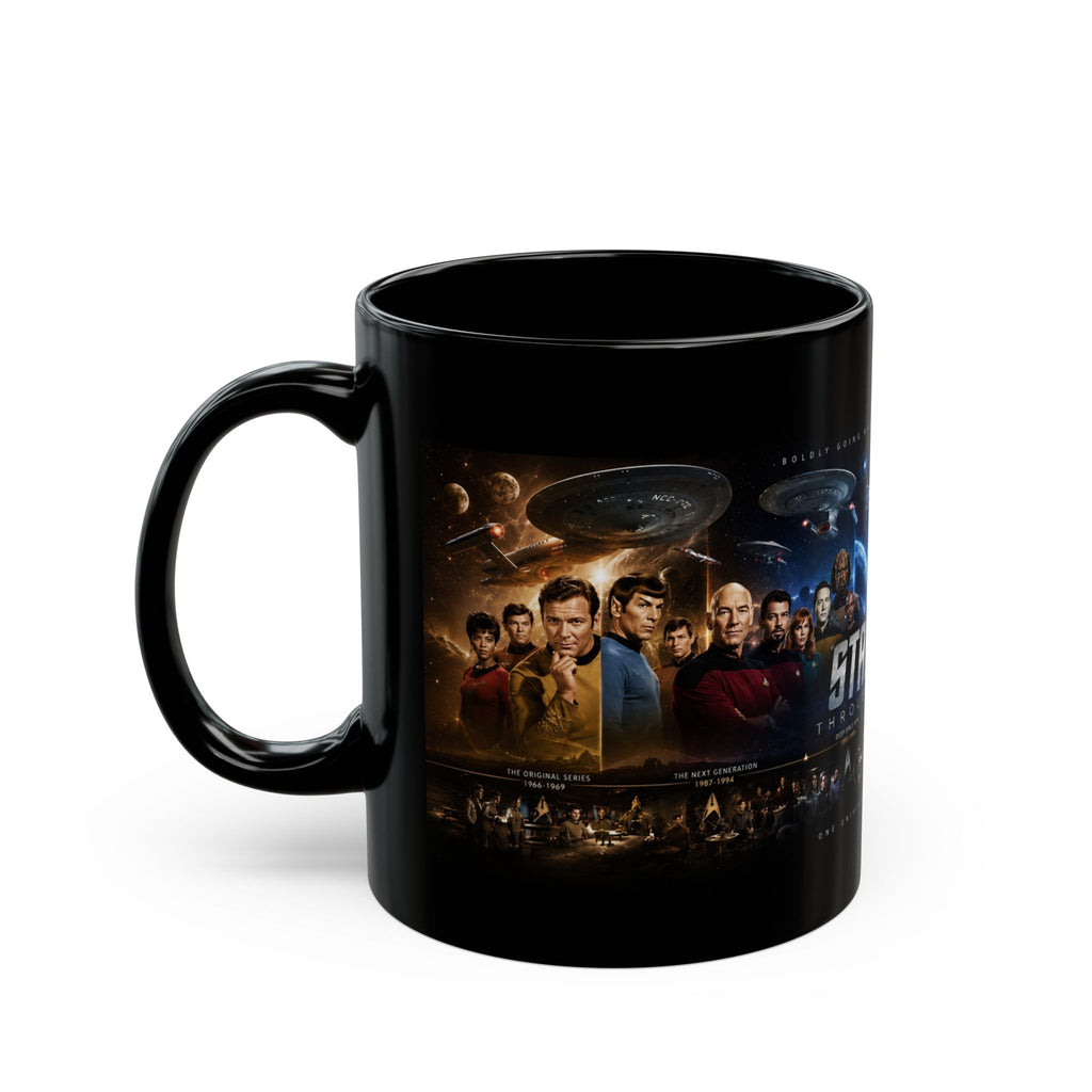 Star Trek Collage Black Mug — Sci‑Fi Crew Montage Coffee Cup (11oz/15oz)