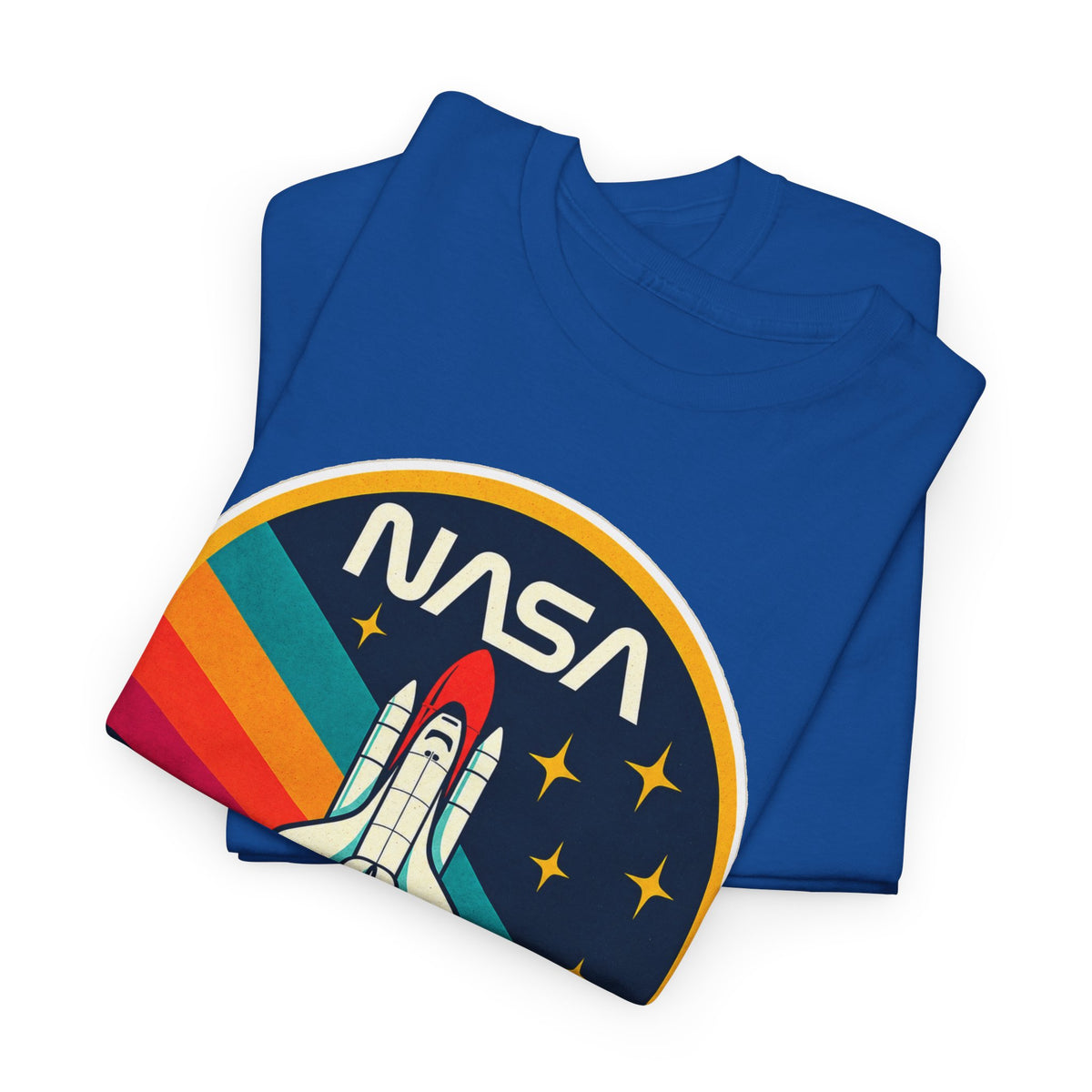 NASA Retro Rocket T‑Shirt — Vintage Space Shuttle Tee with Rainbow Trail