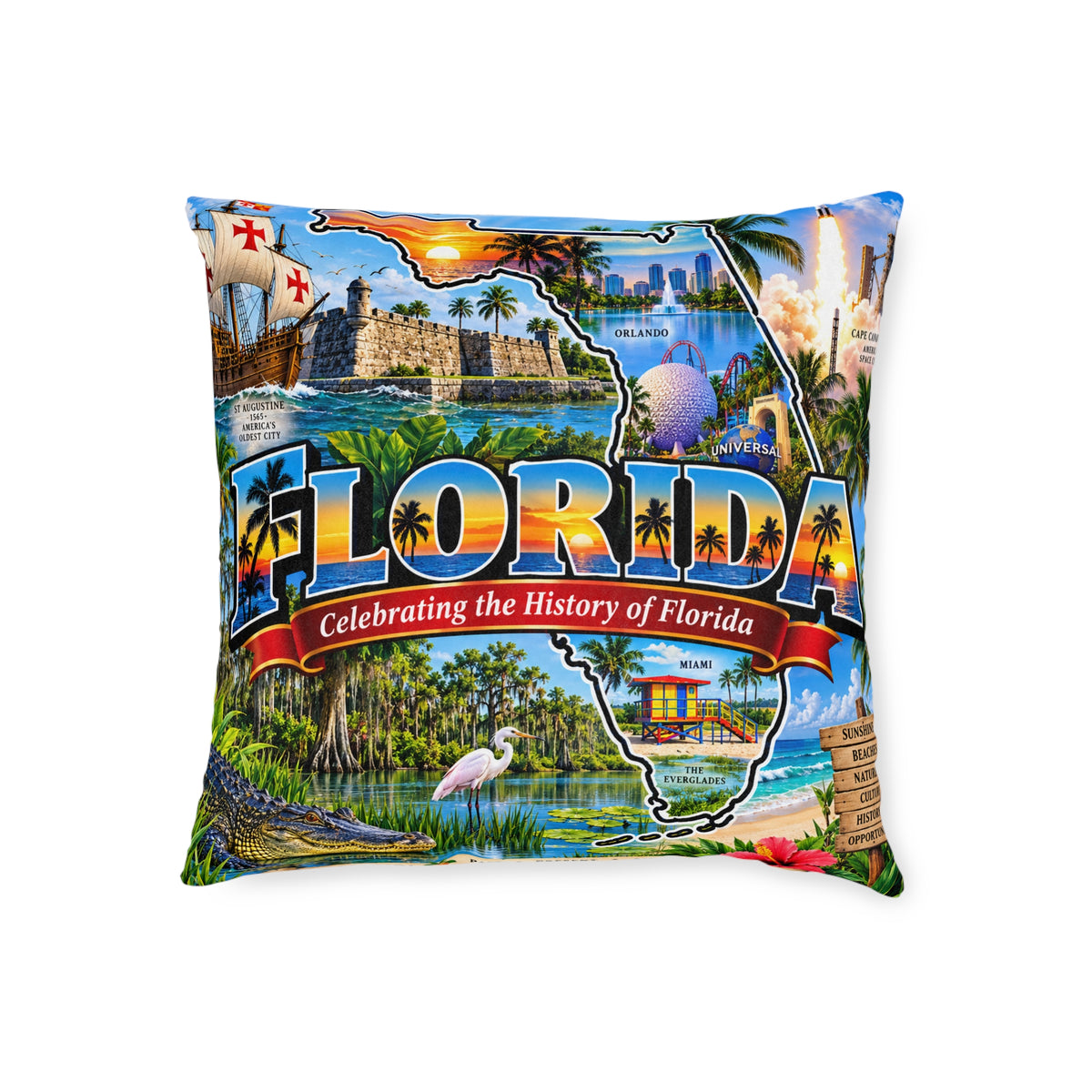 Florida Map Square Pillow — Vintage Travel State Throw Pillow