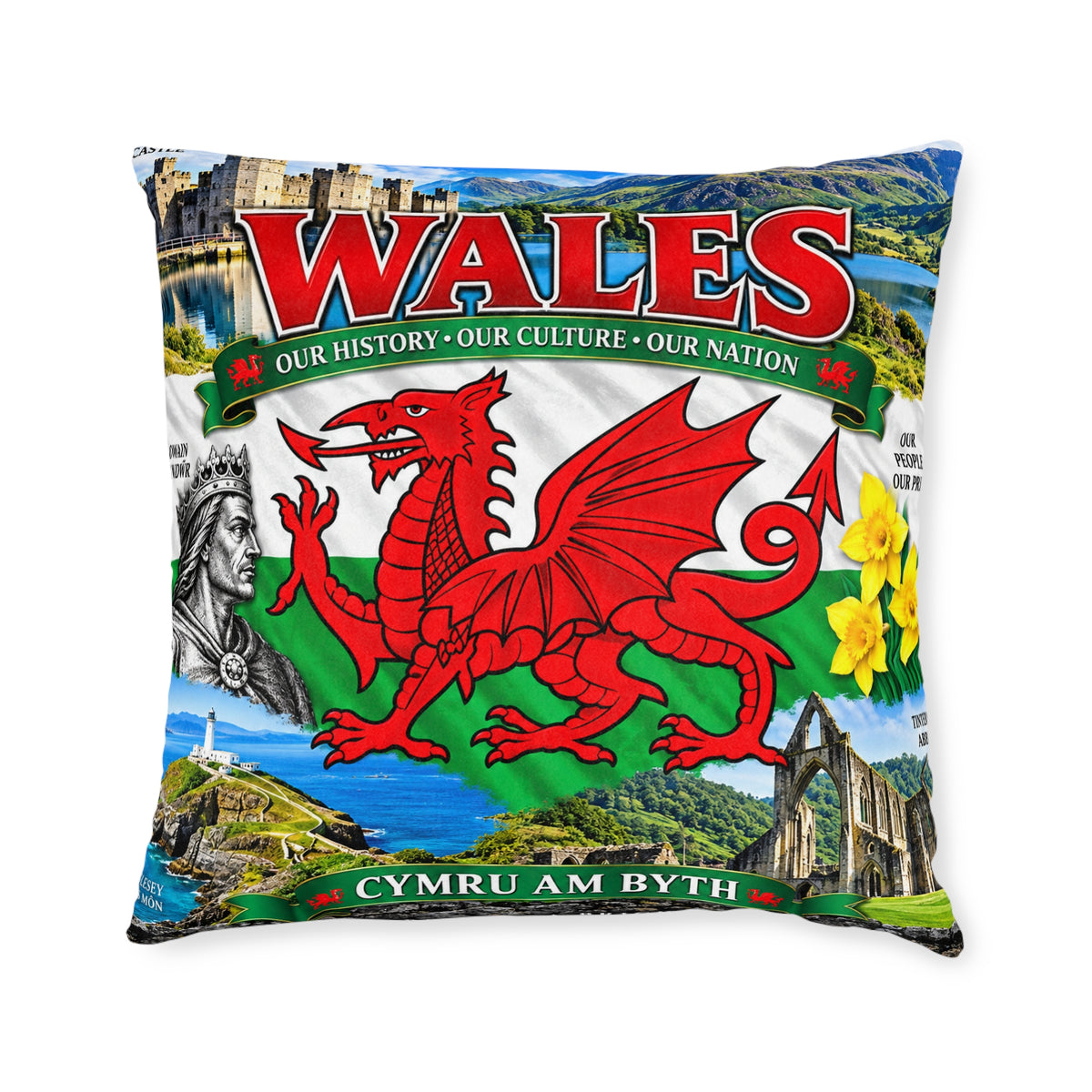 Wales Red Dragon Square Pillow — Cymru Am Byth Welsh Heritage Home Décor