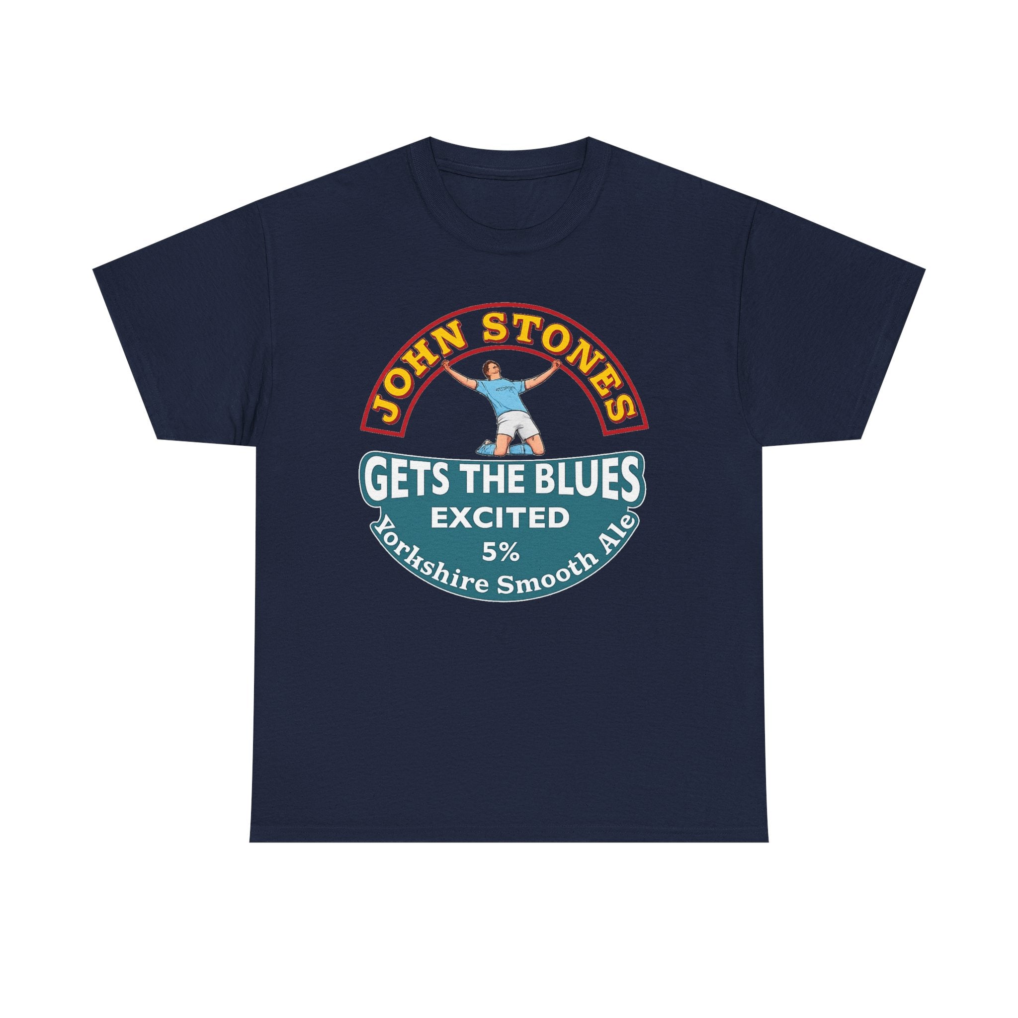 John Stones T-Shirt — "Gets The Blues Excited" Retro Ale Parody Tee