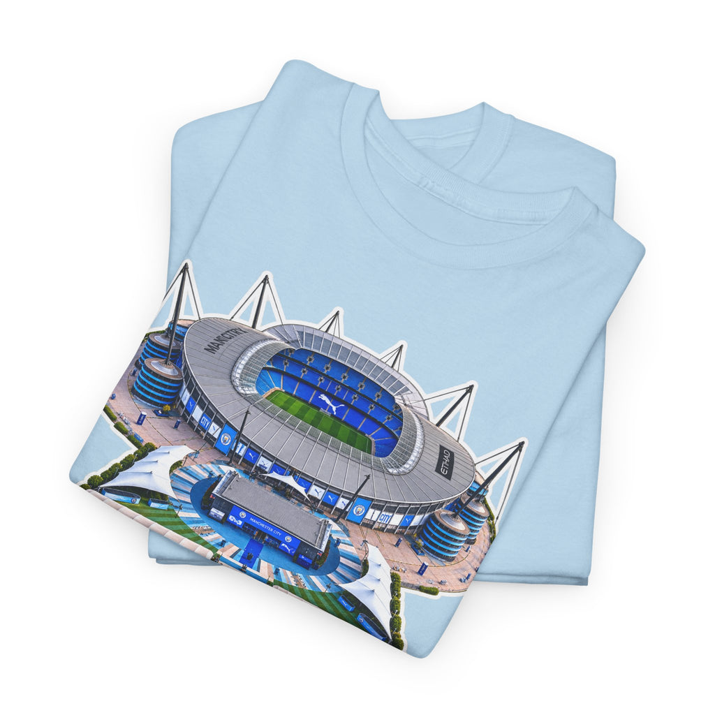 Manchester City Etihad Stadium Illustration T-Shirt — Retro Soccer Arena Graphic Tee