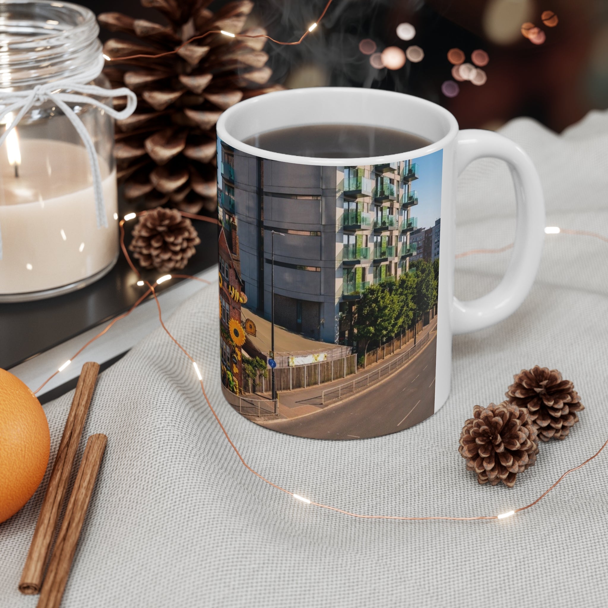 Black Friar Pub Manchester Sunflower Row House Ceramic Coffee Mug — 11oz & 15oz