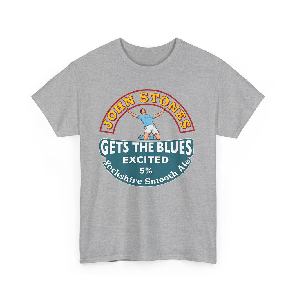 John Stones T-Shirt — "Gets The Blues Excited" Retro Ale Parody Tee