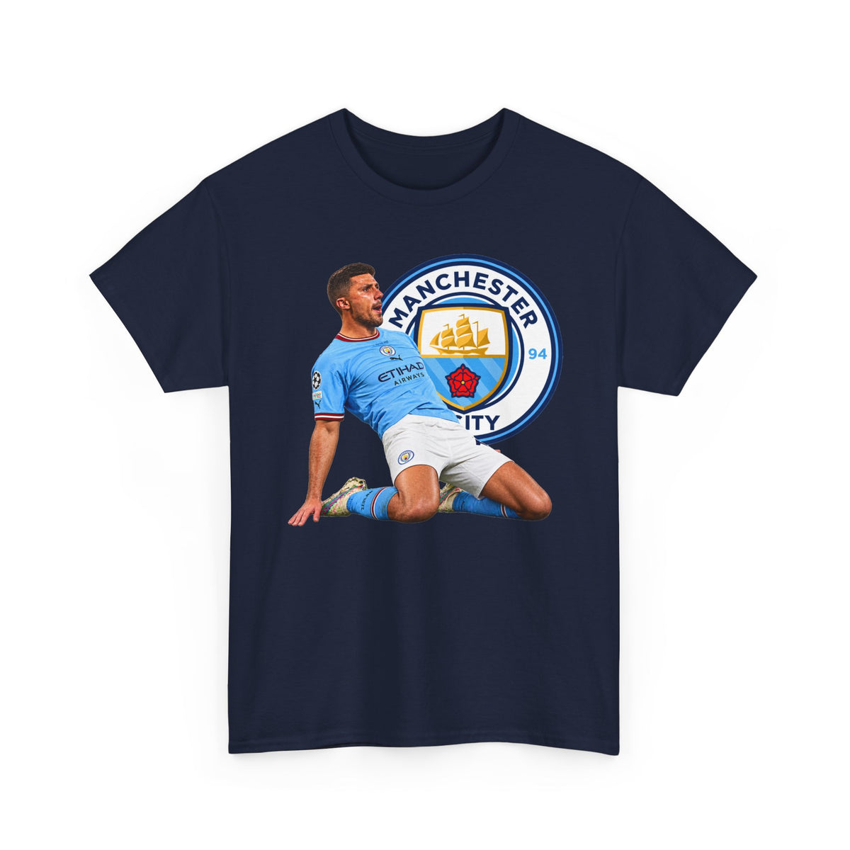 Rodri Manchester City Legend Cotton T-Shirt – Celebratory Slide Graphic Tee