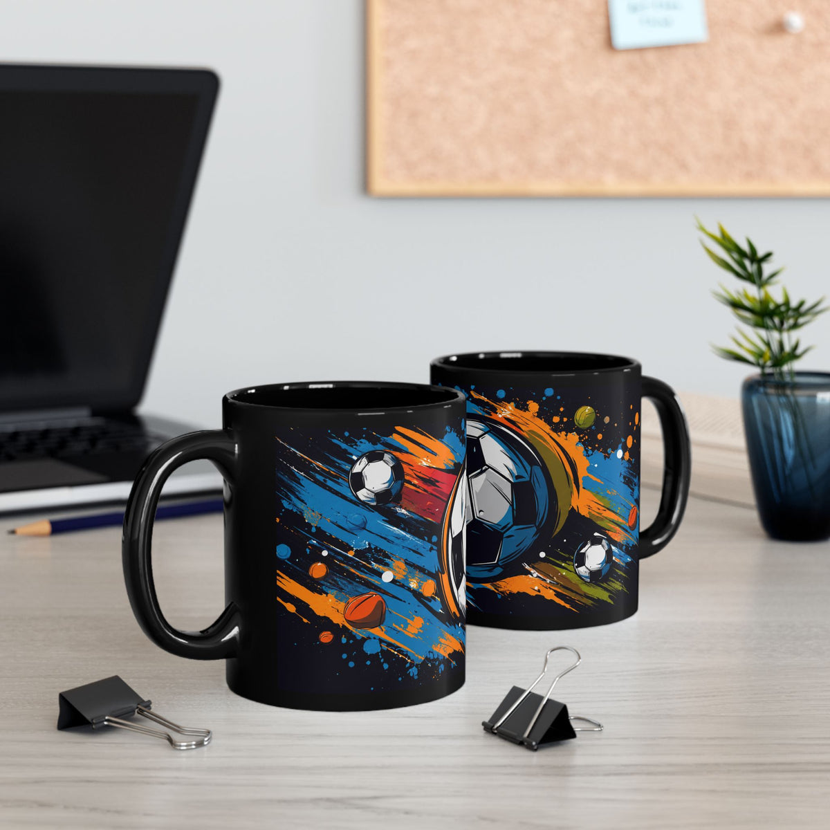 Soccer Splash Black Mug (11oz & 15oz) – Colorful Football Design for Fans & Coaches