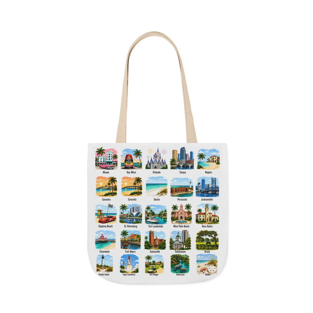 Florida City Landmark Collage Canvas Tote Bag — Vintage Travel Icons Print