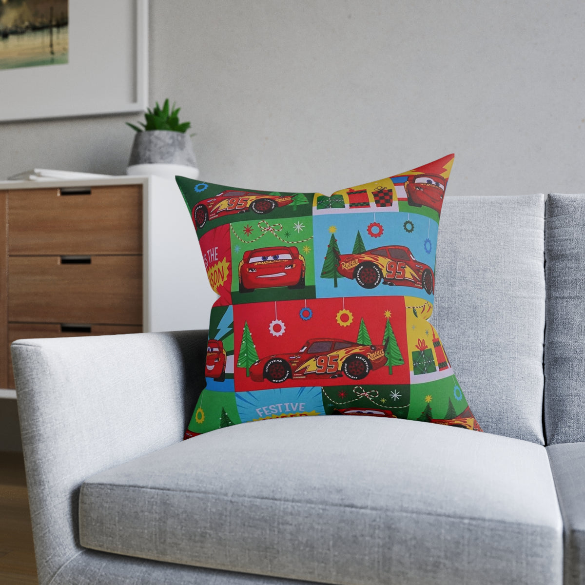 Cars Lightning McQueen Holiday Throw Pillow — Festive Kids Christmas Decor