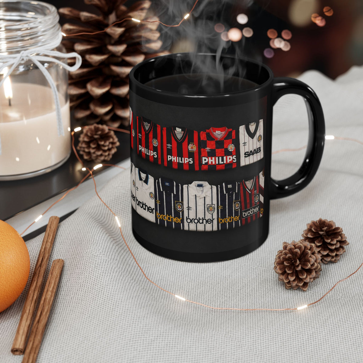 Manchester City Retro Away Football Kit Collage Mug — Vintage Soccer Jersey Coffee Cup (11oz/15oz)