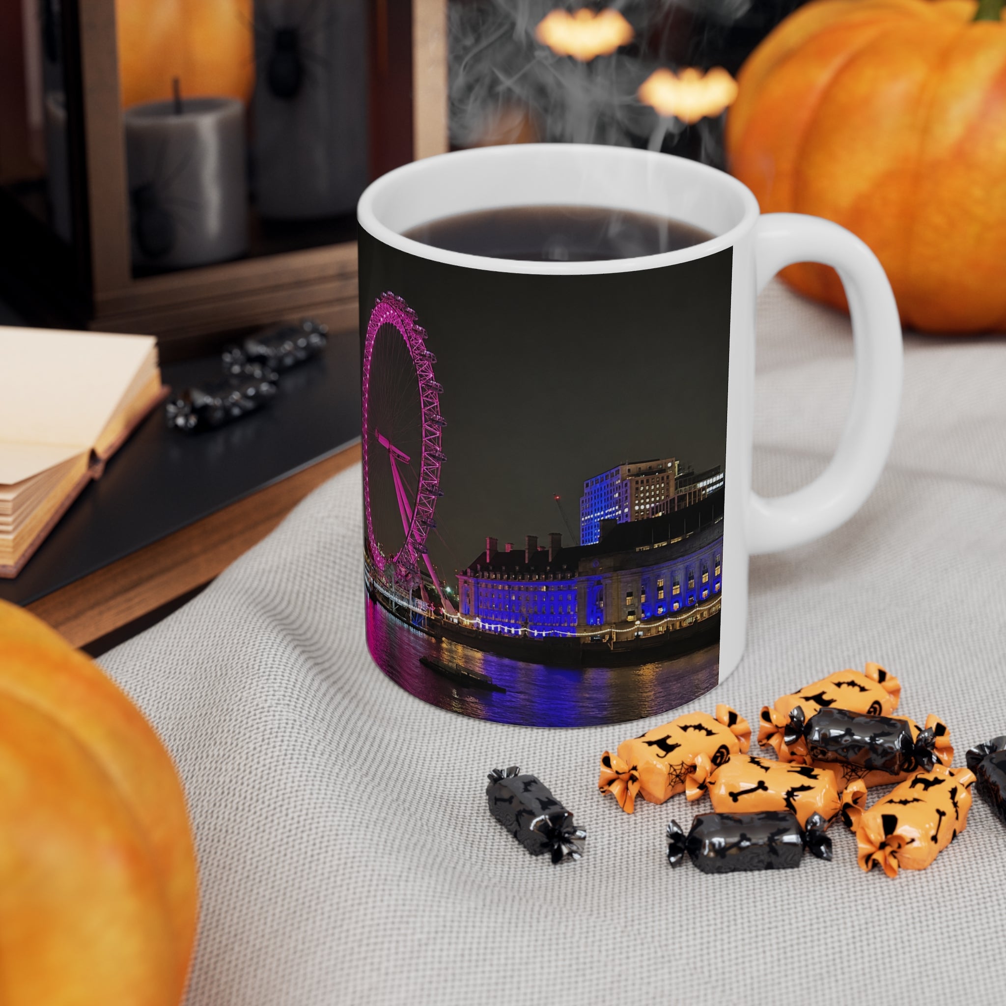 London Eye Nightscape Ceramic Mug — Pink London Eye & River Thames Coffee Cup (11oz & 15oz)