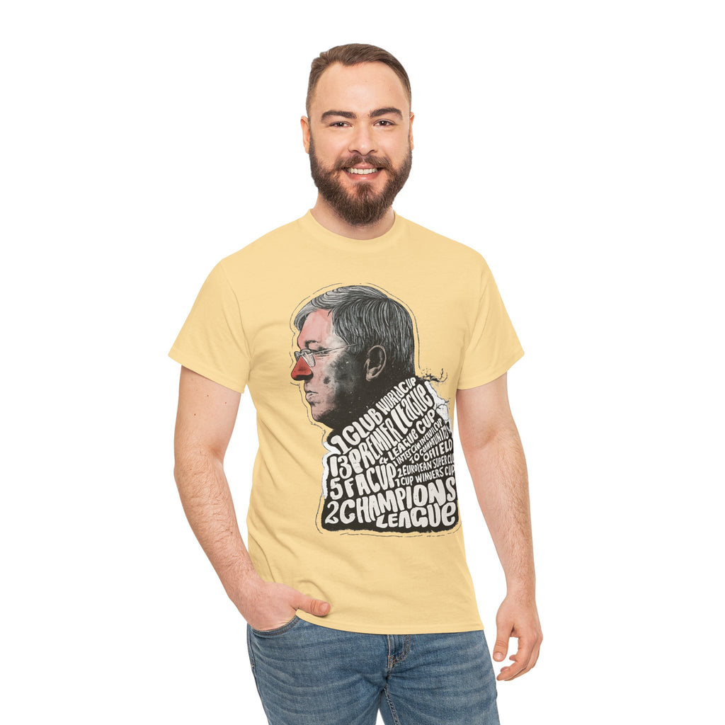 SIr Alex Ferguson Achievements Vintage Football Manager Profile Tee — Illustrated Head with Trophy Text Design