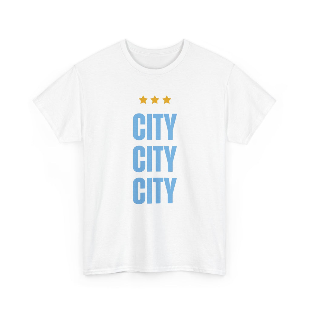 Manchester City City City Tee — Minimal Skyline Graphic T‑Shirt with Three Stars
