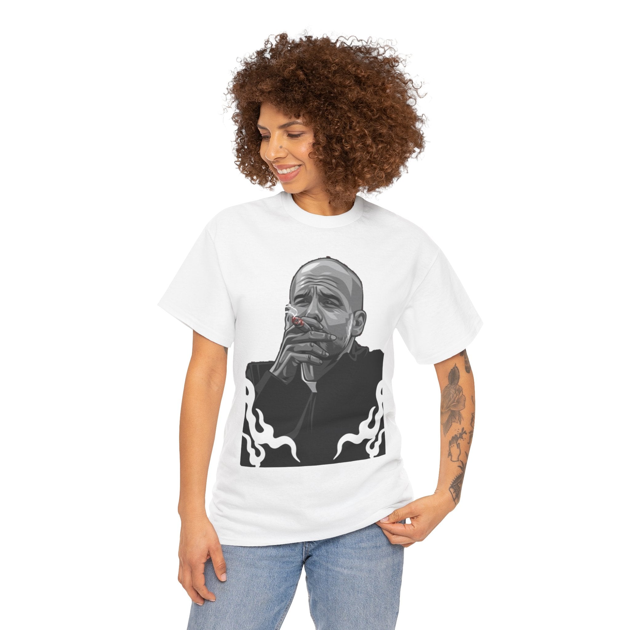 Pep Guardiola Smoking Portrait T‑Shirt — Moody Graphic Tee