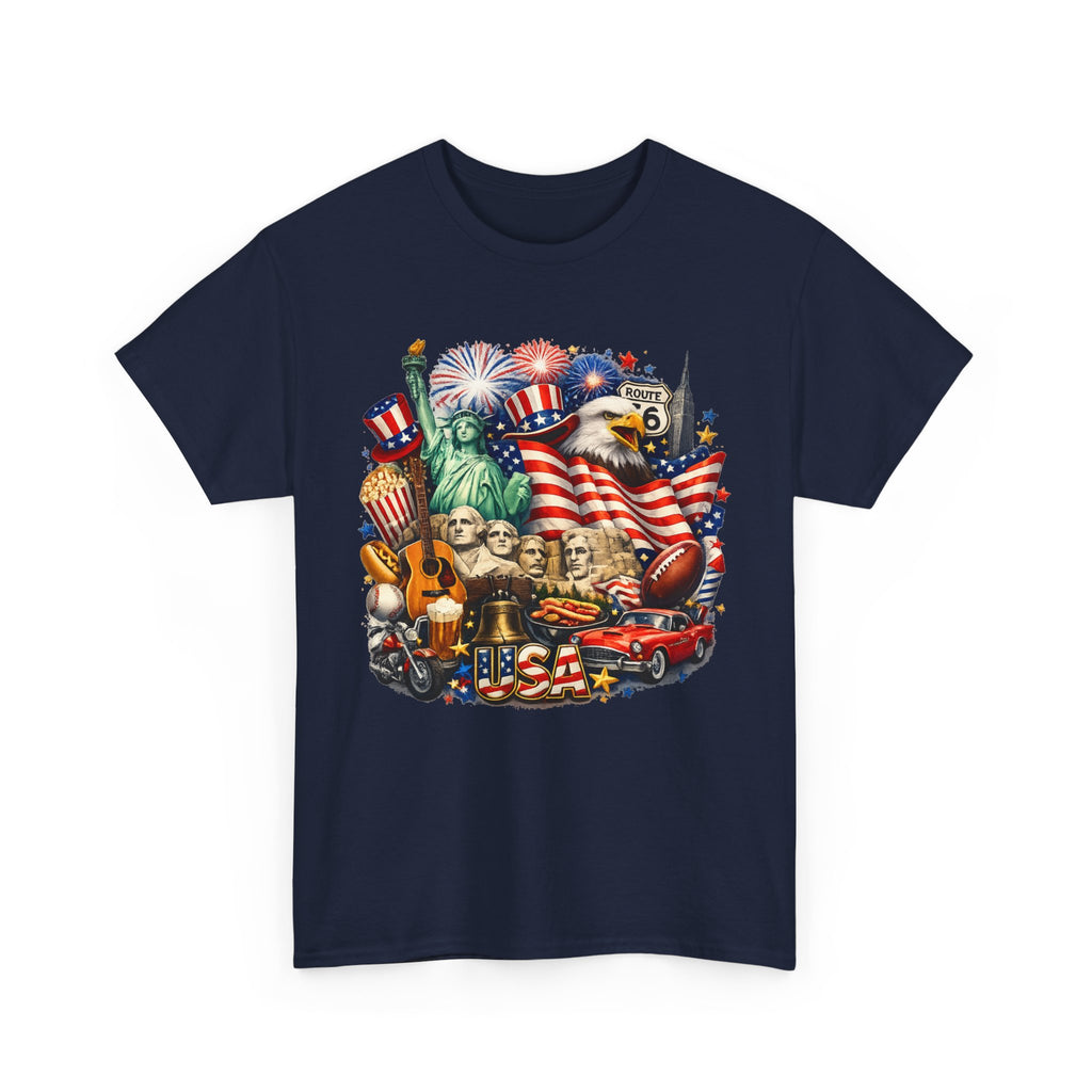 Patriotic USA Graphic Tee – American Flag, Statue of Liberty & Fireworks T-Shirt