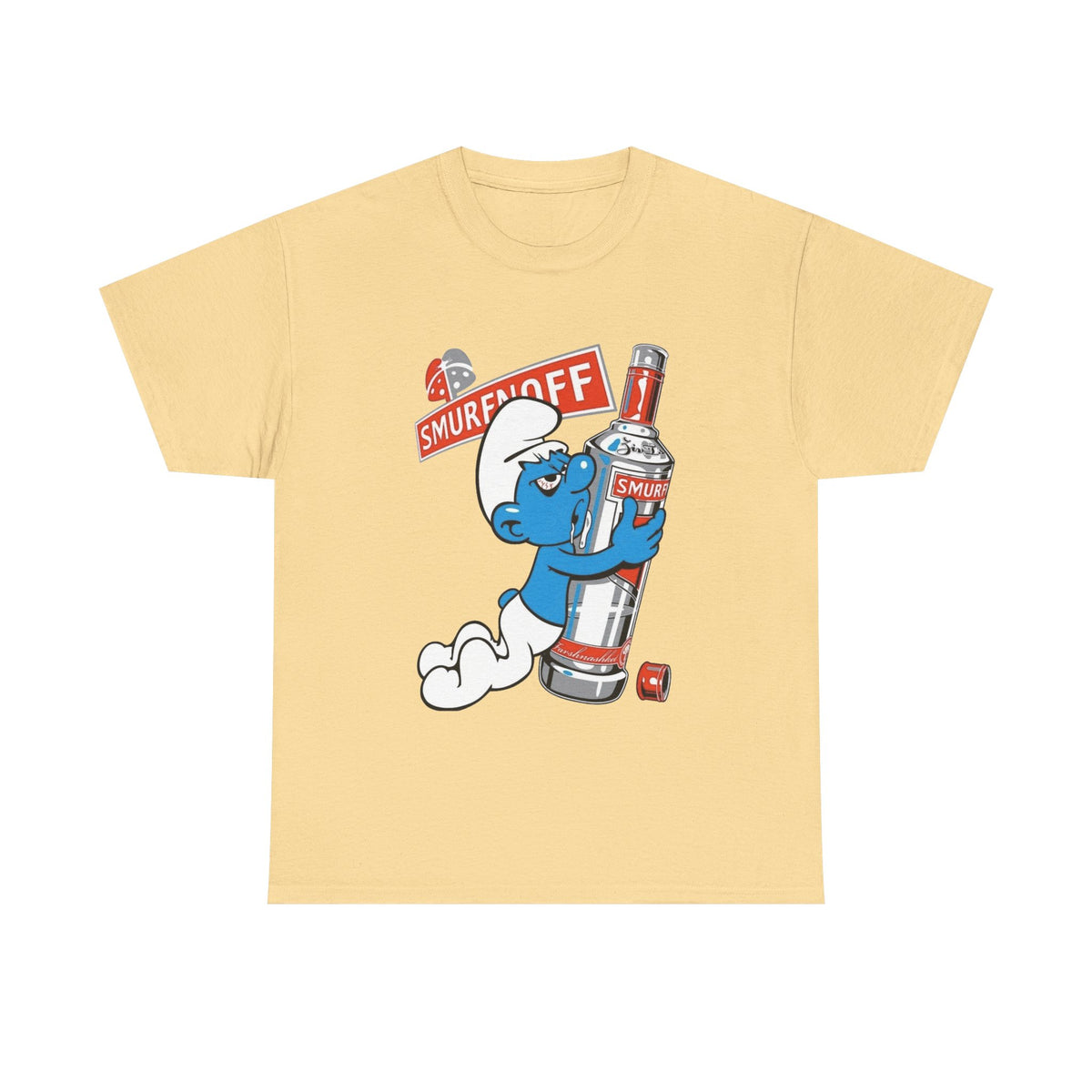 Smurf Holding Bottle Graphic Tee — "Smurf Off" Retro Cartoon T-Shirt