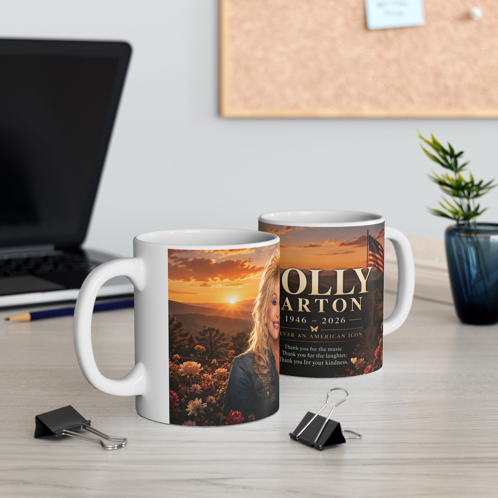 Dolly Parton Memorial Sunset Portrait Mug — Inspirational Tribute Ceramic Coffee Cup