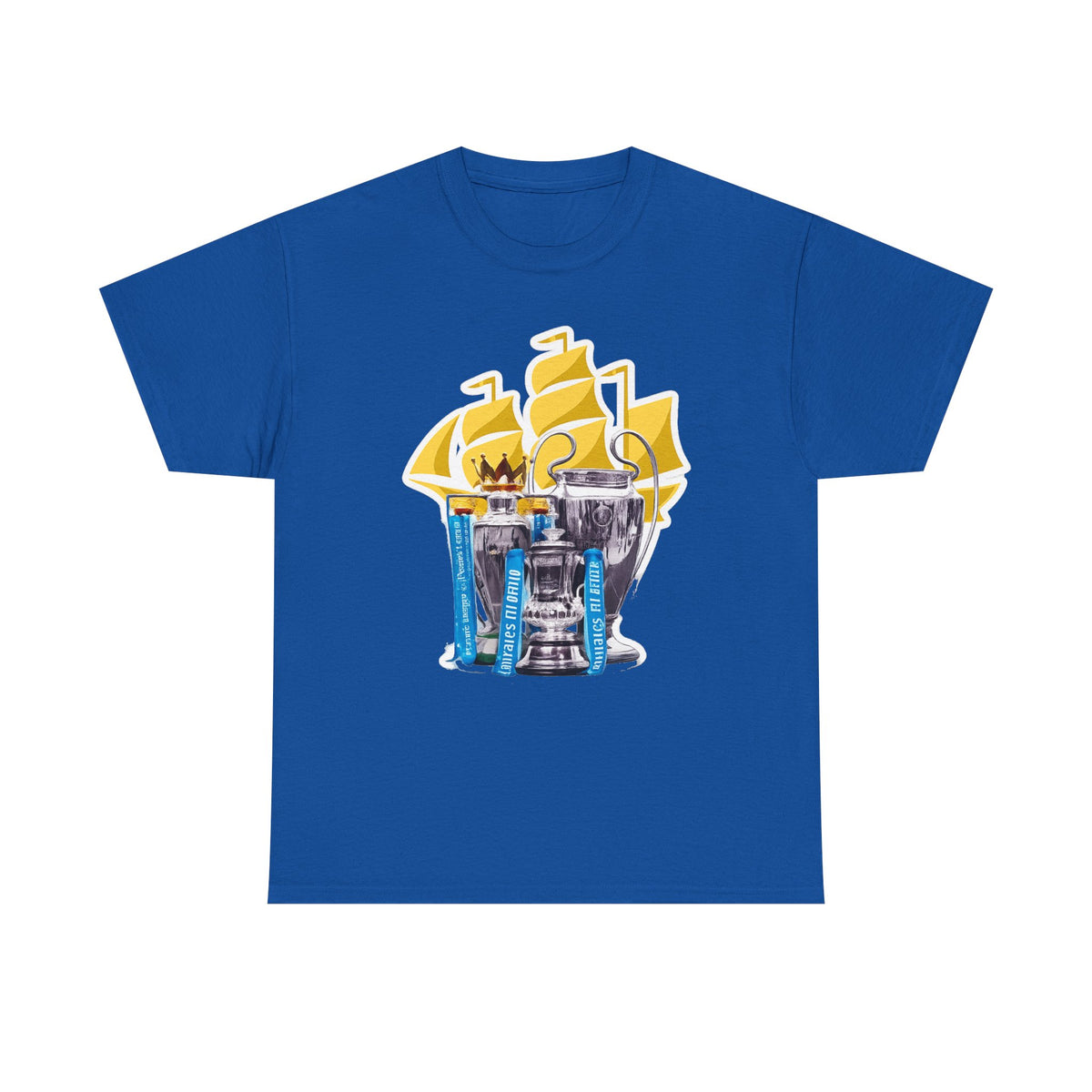 Manchester City Champions Trophy Tee – Golden Cups & Blue Scarves Football Fan Shirt