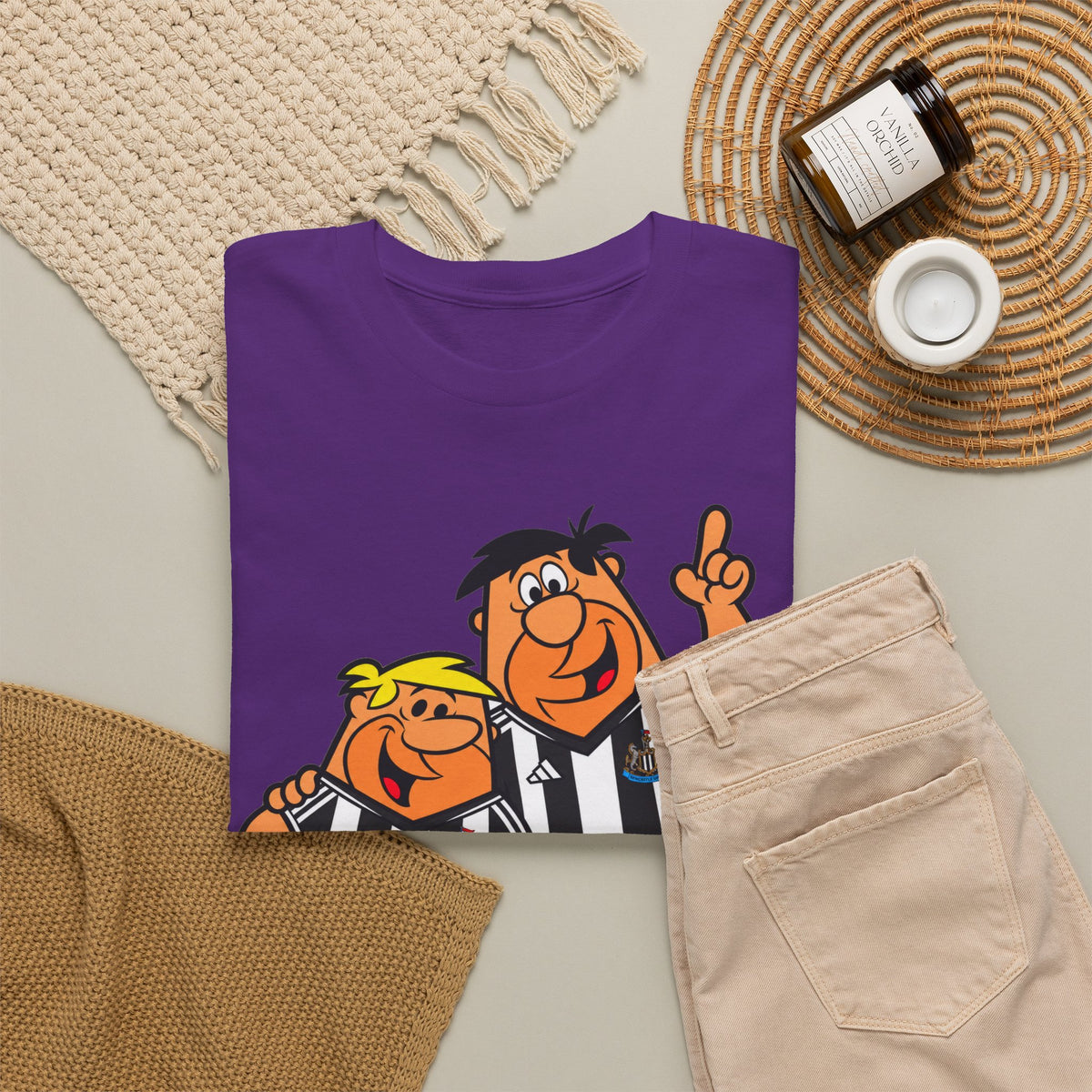 Newcastle United Flintstones Cartoon Cotton T-Shirt / Tee — Retro Striped Jersey Illustrations