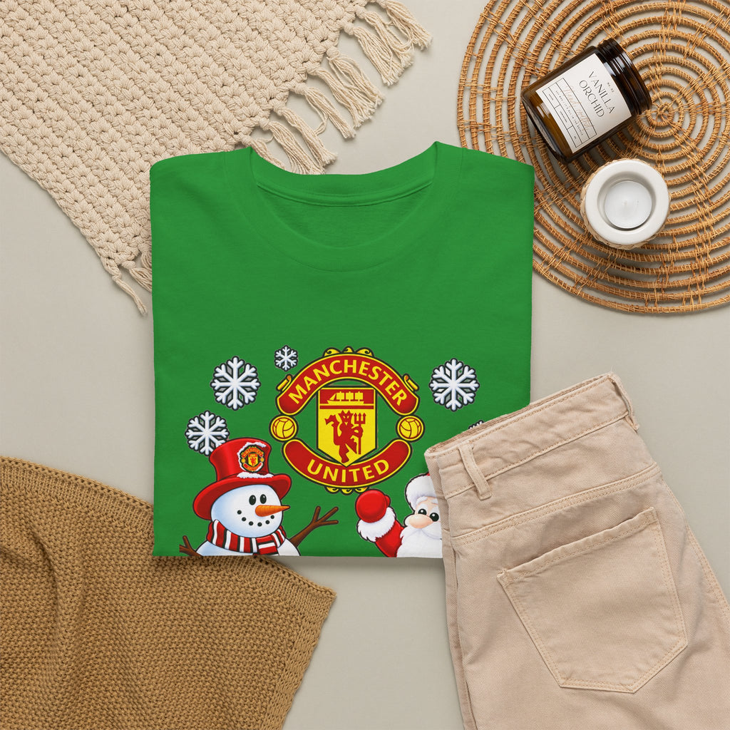 Manchester United Christmas Cotton Tee — Santa & Snowman Football Holiday Shirt