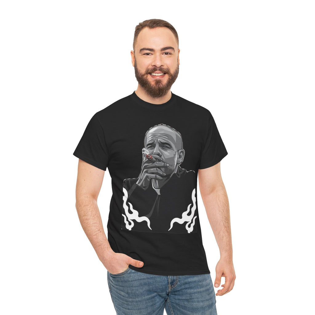 Pep Guardiola Smoking Portrait T‑Shirt — Moody Graphic Tee
