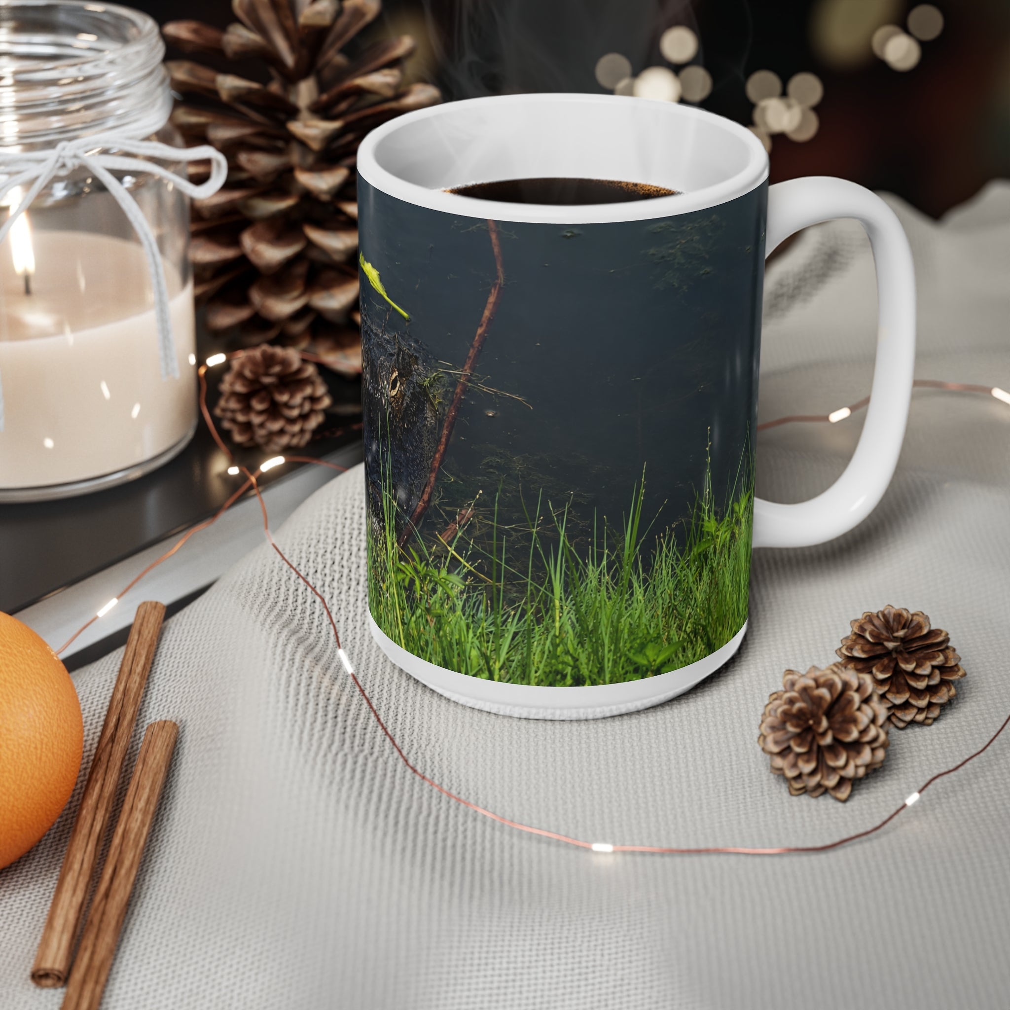 Florida Alligator Stare Ceramic Mug — 11oz & 15oz Coffee Cup with Wildlife Photography
