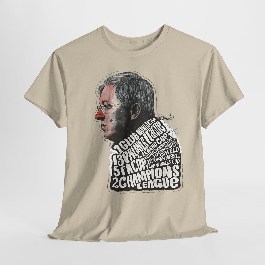SIr Alex Ferguson Achievements Vintage Football Manager Profile Tee — Illustrated Head with Trophy Text Design