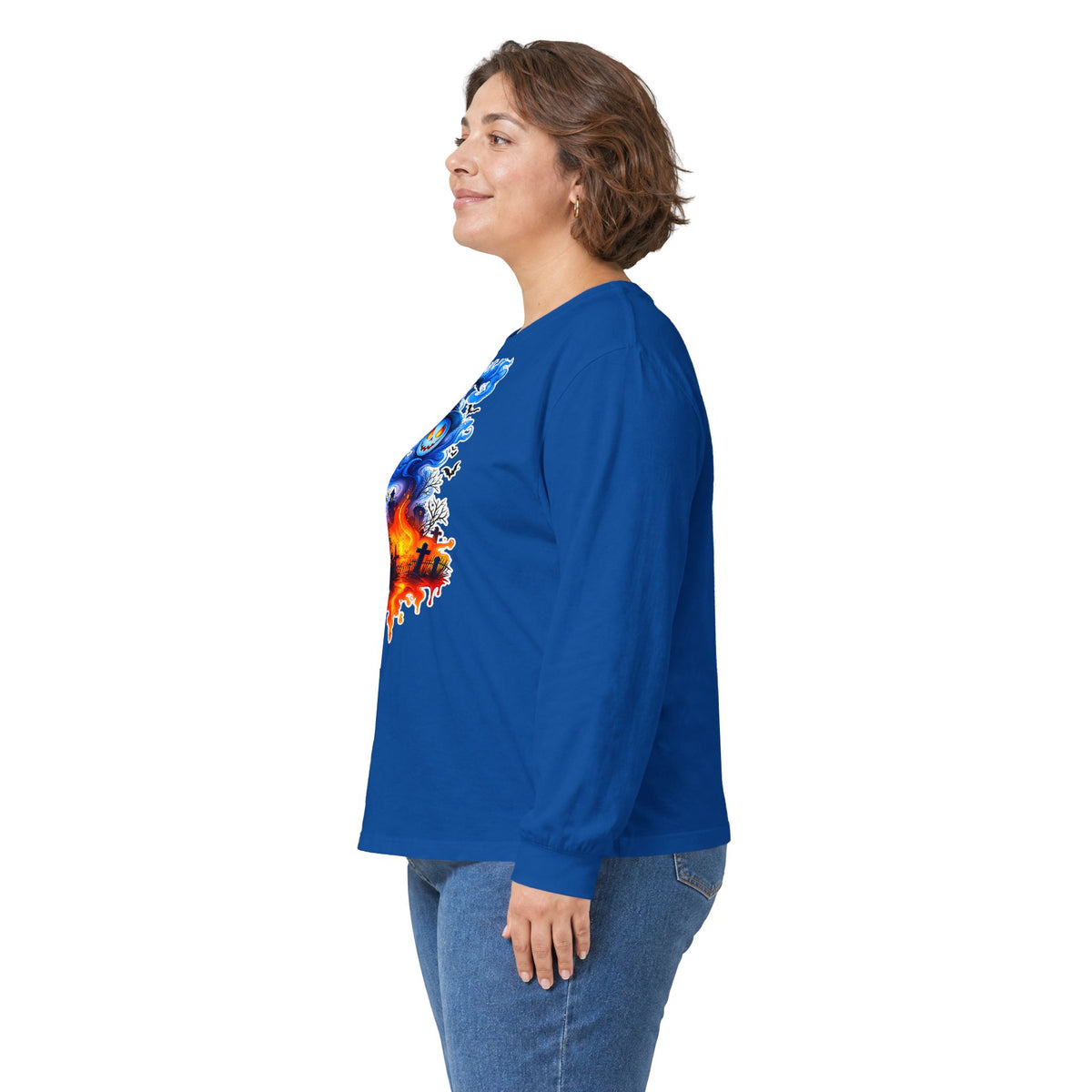 Ghost Flame Long Sleeve Tee — Spooky Blue Spirit Graphic