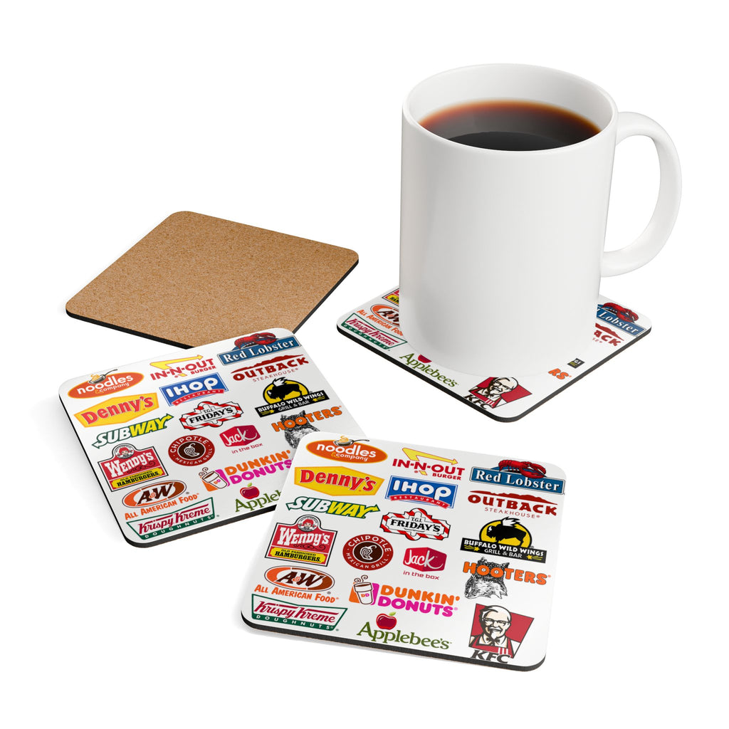 American Fast Food Logo Cork Coaster Set – Retro Restaurant Logo Drink Coasters (4-Pack)