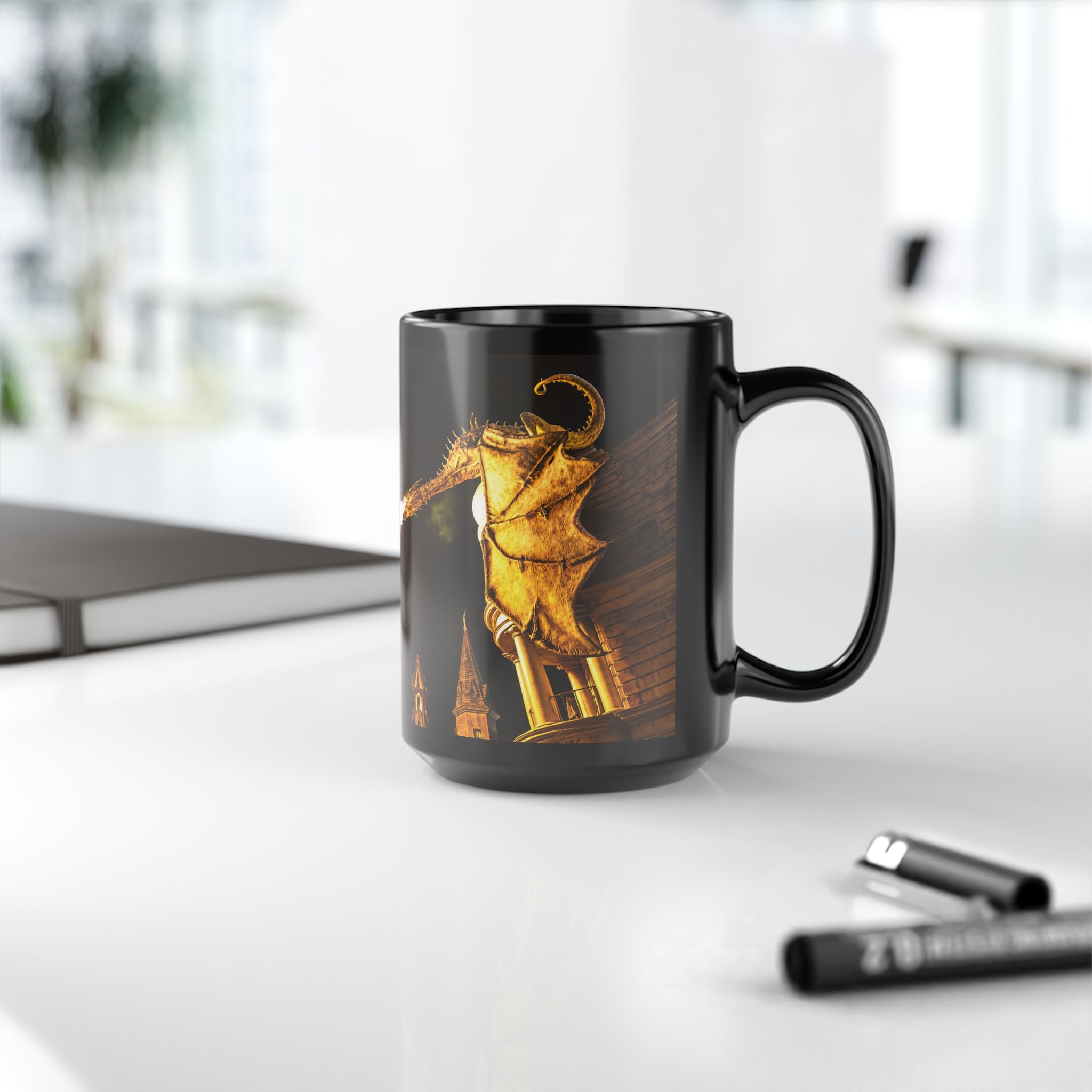 Golden Dragon Fire-Breathing Black Mug — Fantasy Castle Coffee Cup