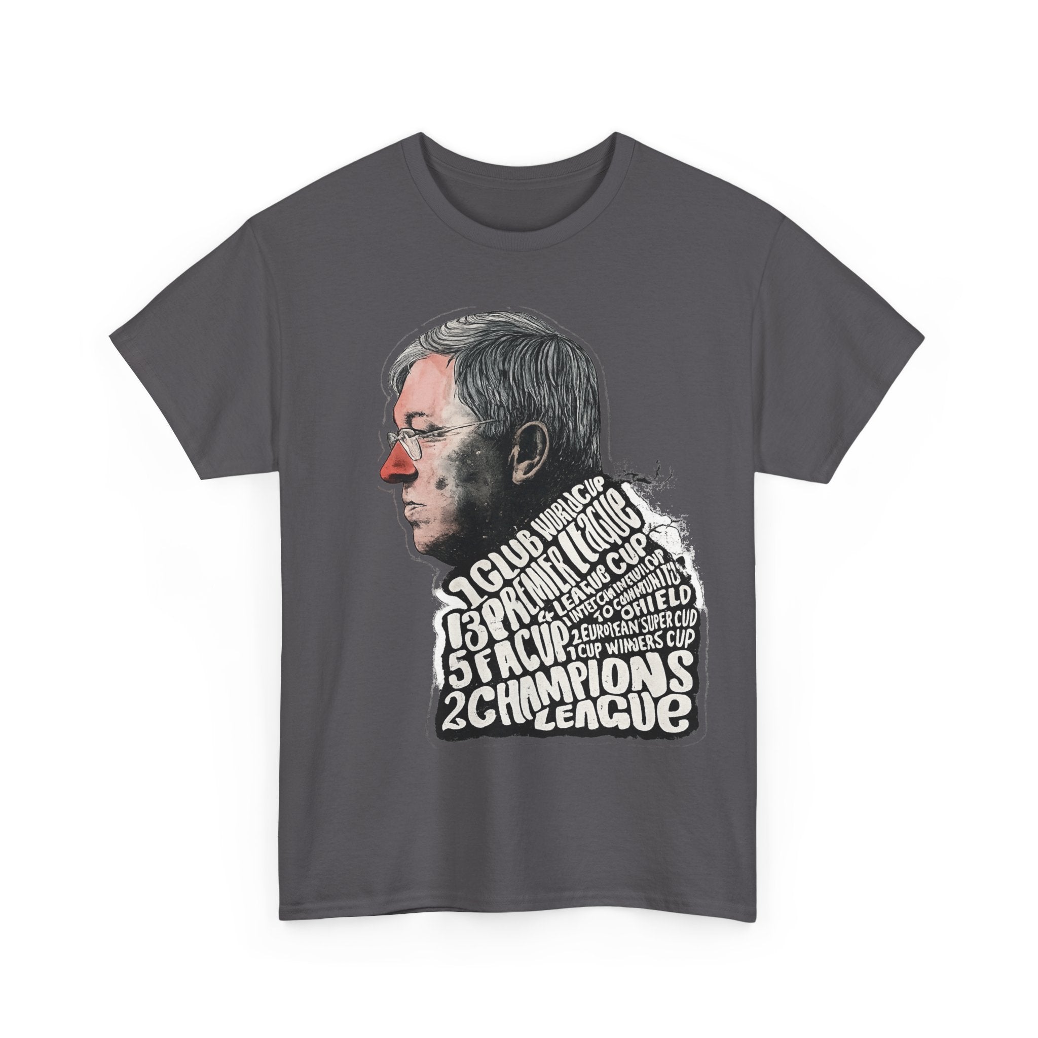 SIr Alex Ferguson Achievements Vintage Football Manager Profile Tee — Illustrated Head with Trophy Text Design