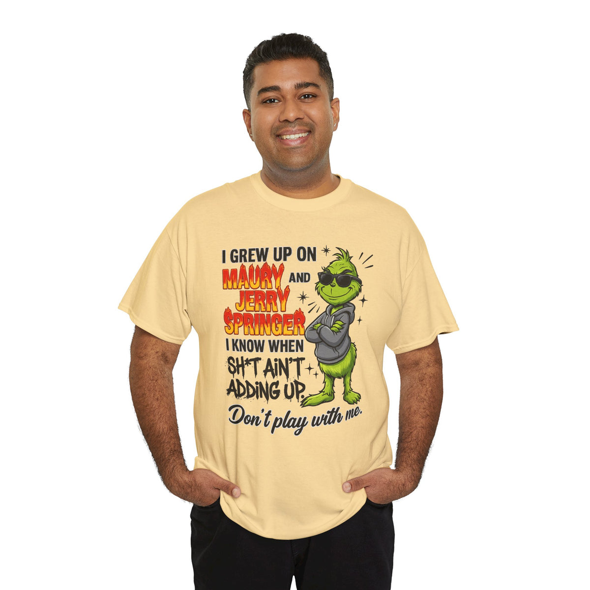 Grinch Cartoon Tee — "I Grew Up on Maury and Jerry Springer" Funny Holiday Shirt