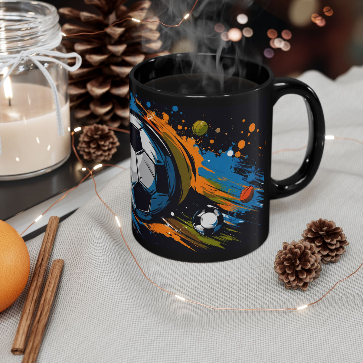 Soccer Splash Black Mug (11oz & 15oz) – Colorful Football Design for Fans & Coaches