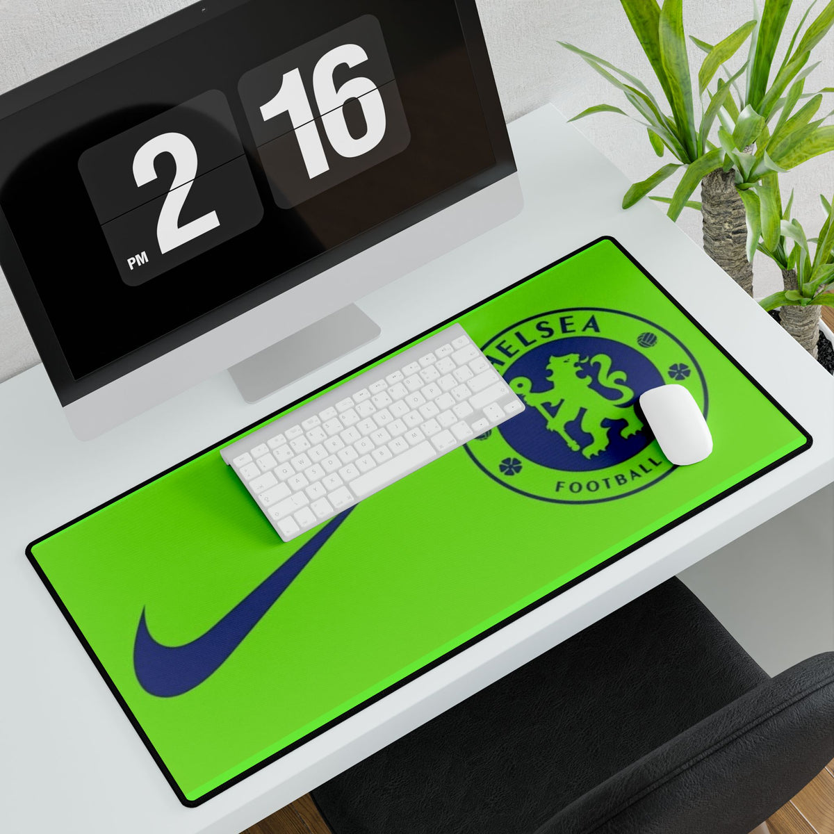 Chelsea FC Inspired Neon Green Desk Mat — Nike Swoosh Football Club Mousepad