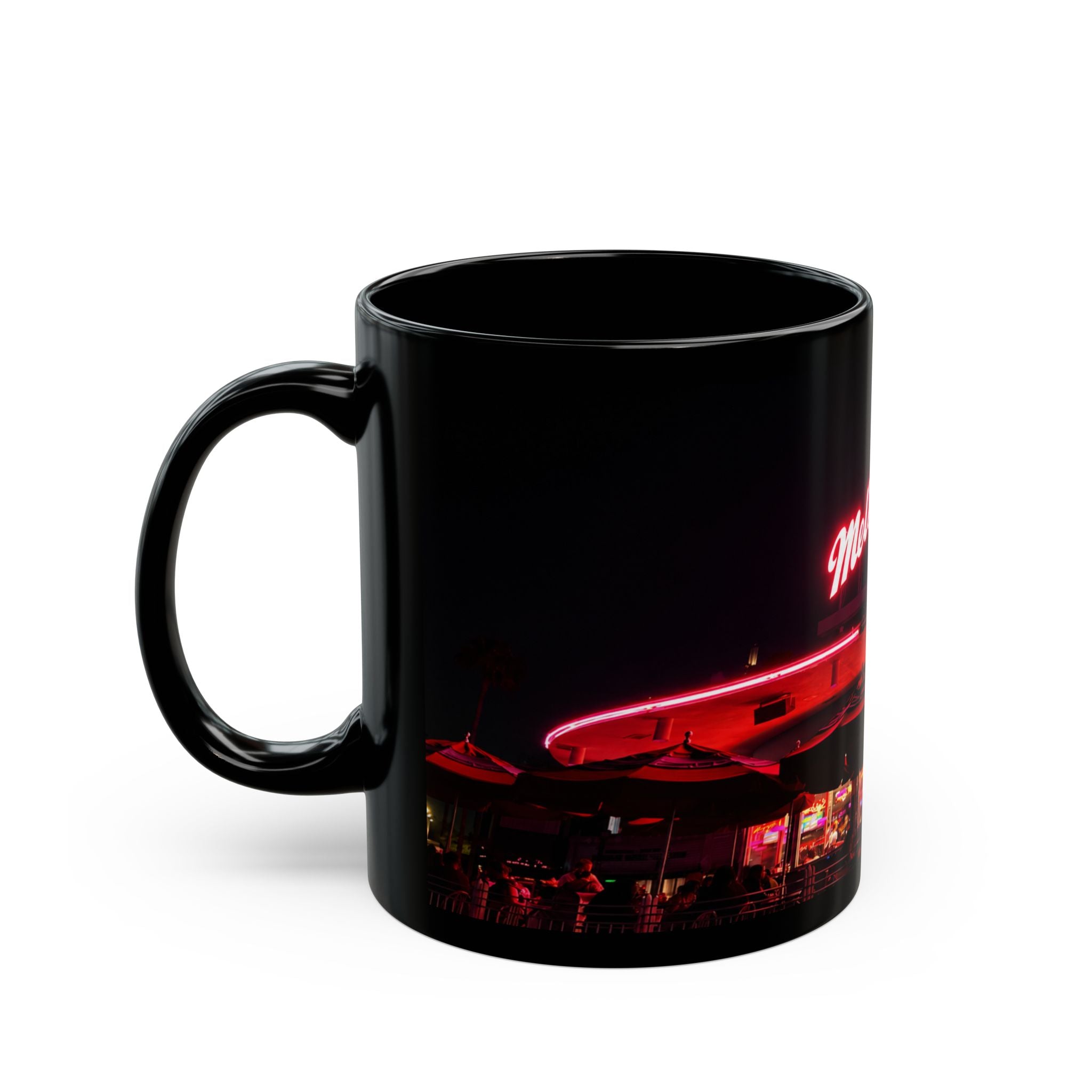 Mel's Drive-In Neon Night Coffee Mug — Retro Diner Black Ceramic Mug (11oz, 15oz)