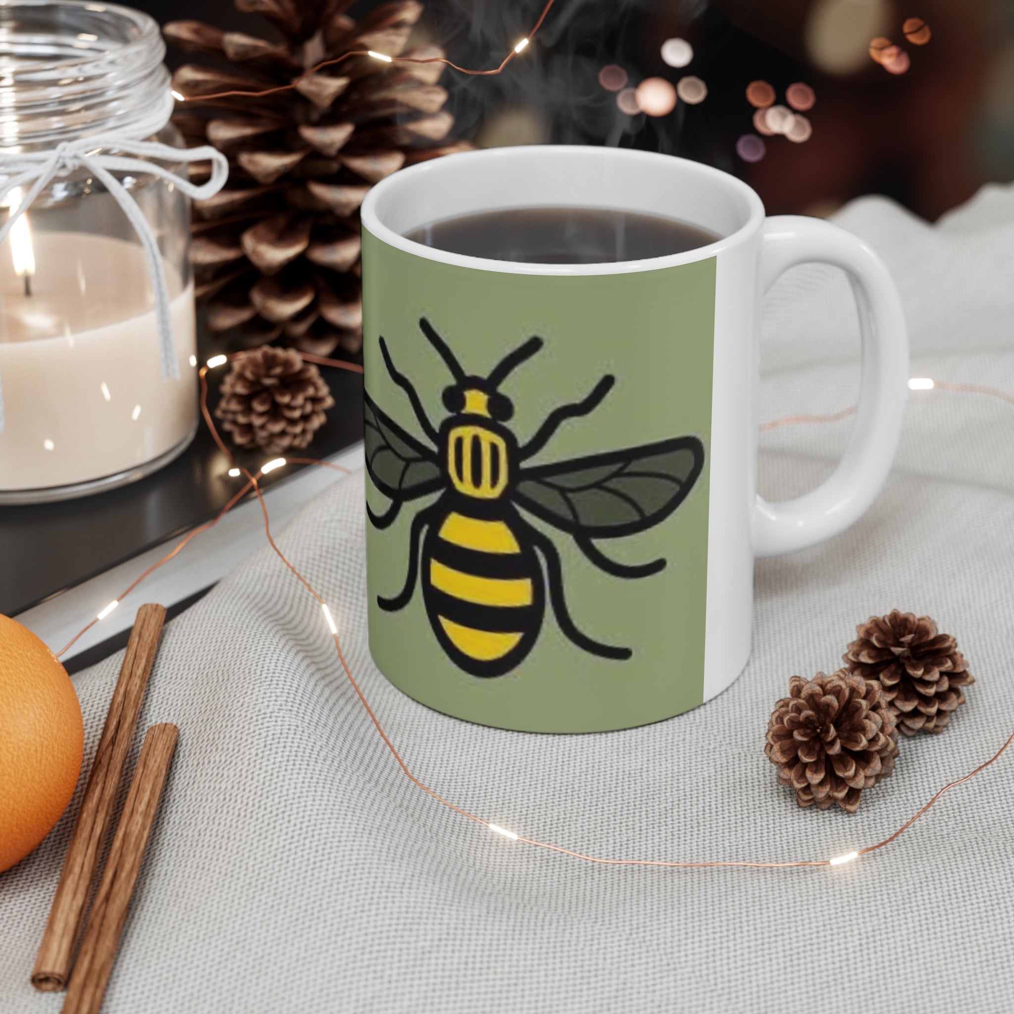 Manchester Bee Pattern Ceramic Mug — Green Bee Coffee Cup (11oz & 15oz)