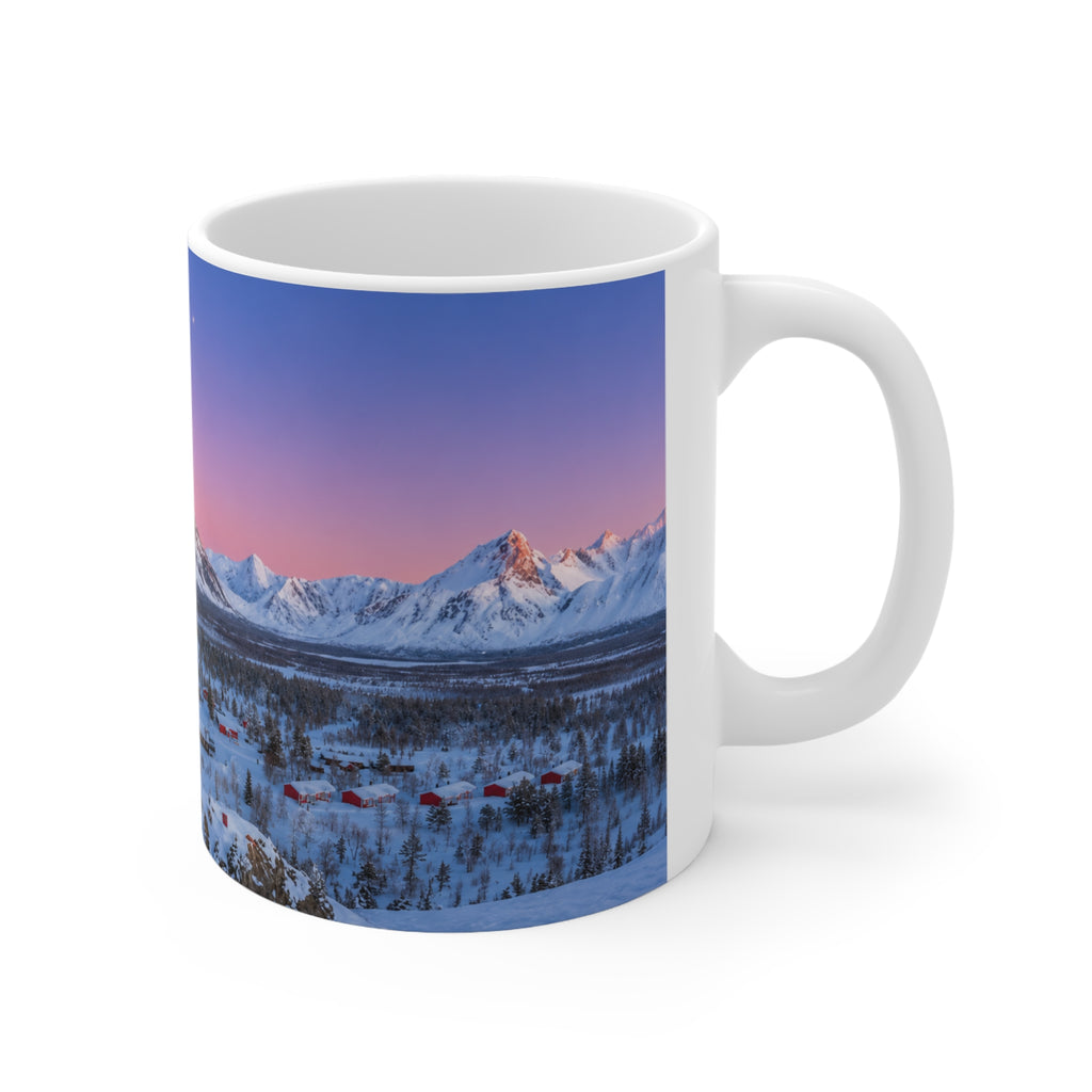 Scenic Winter Mountain Mug — Snowy Lodge Sunrise Ceramic Coffee Cup (11oz & 15oz)